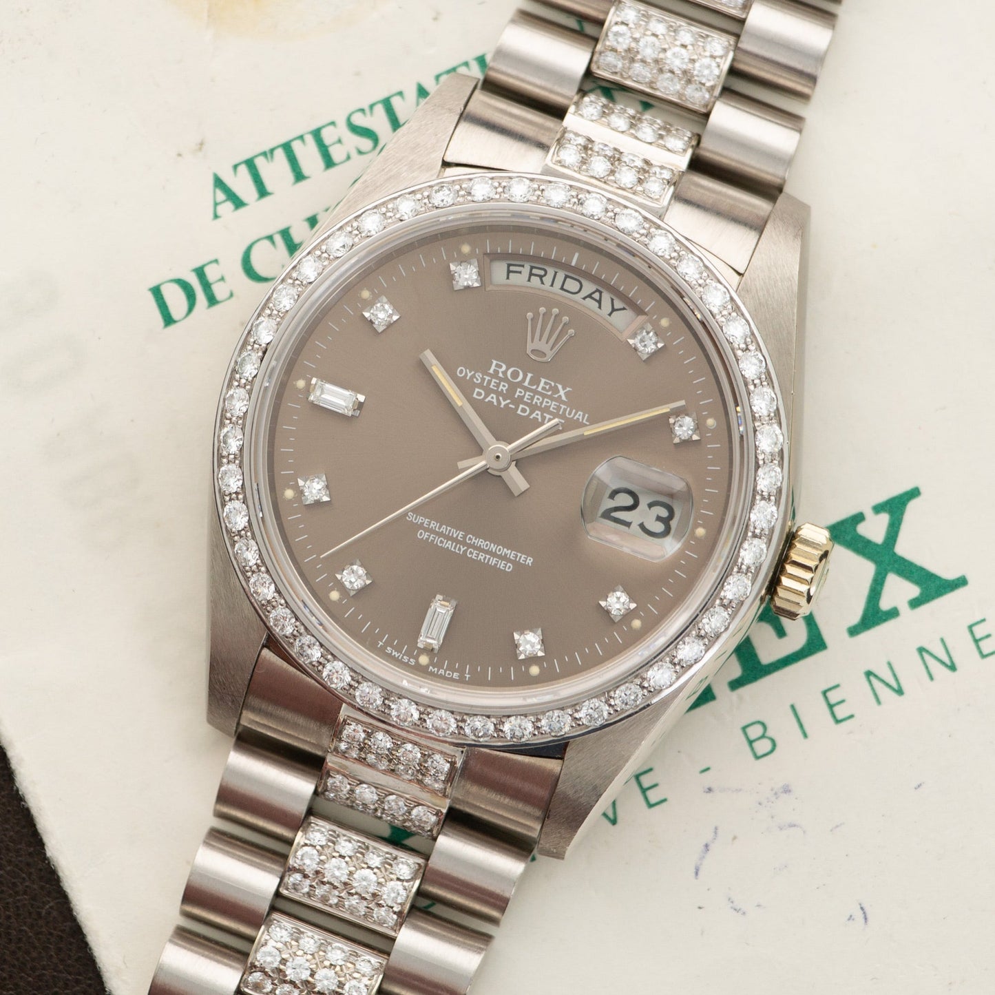 Rolex White Gold Day-Date Diamond Bracelet Watch Ref. 18049