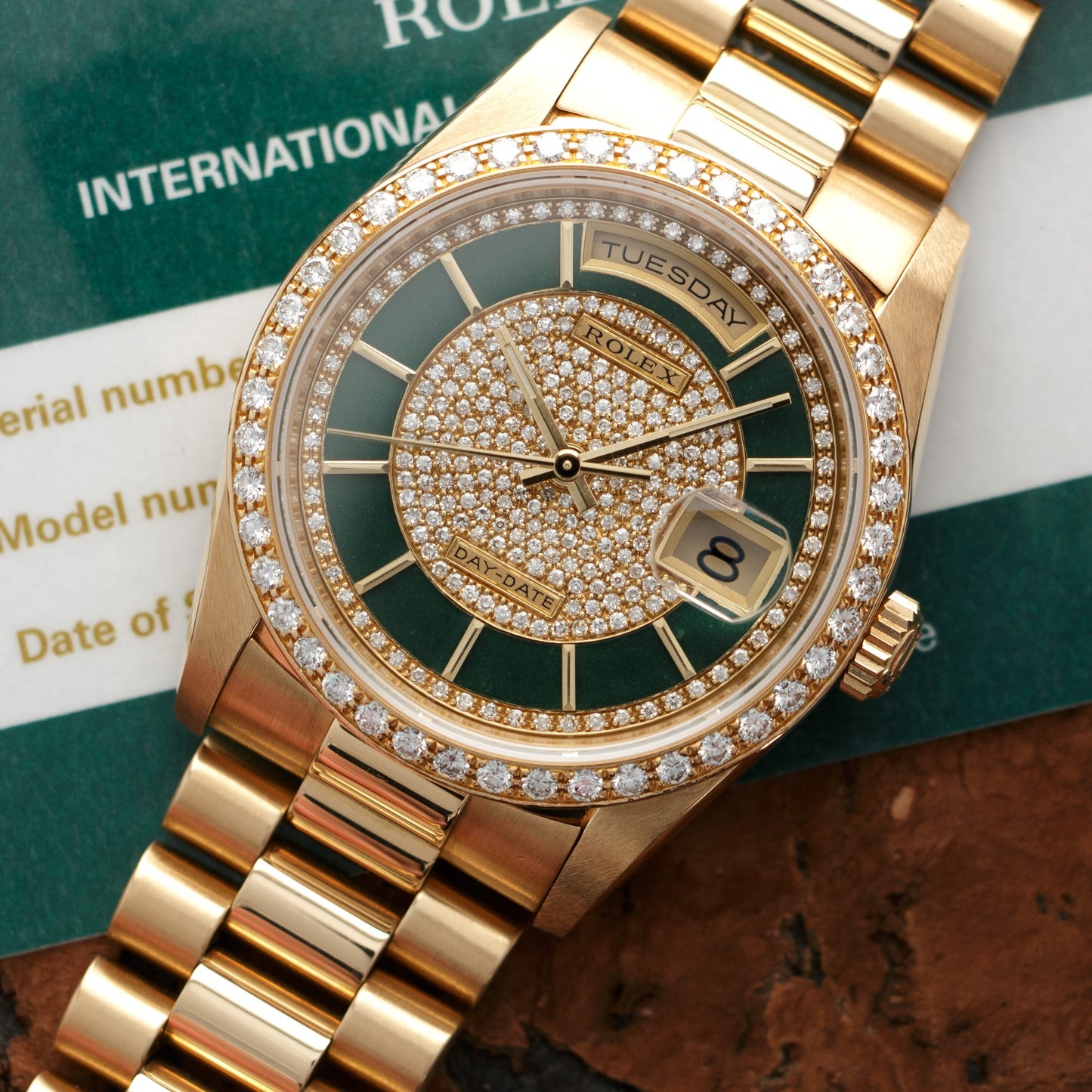 Rolex Yellow Gold Day-Date Ref. 18348 with Original Carousel Diamond and Green Enamel Dial