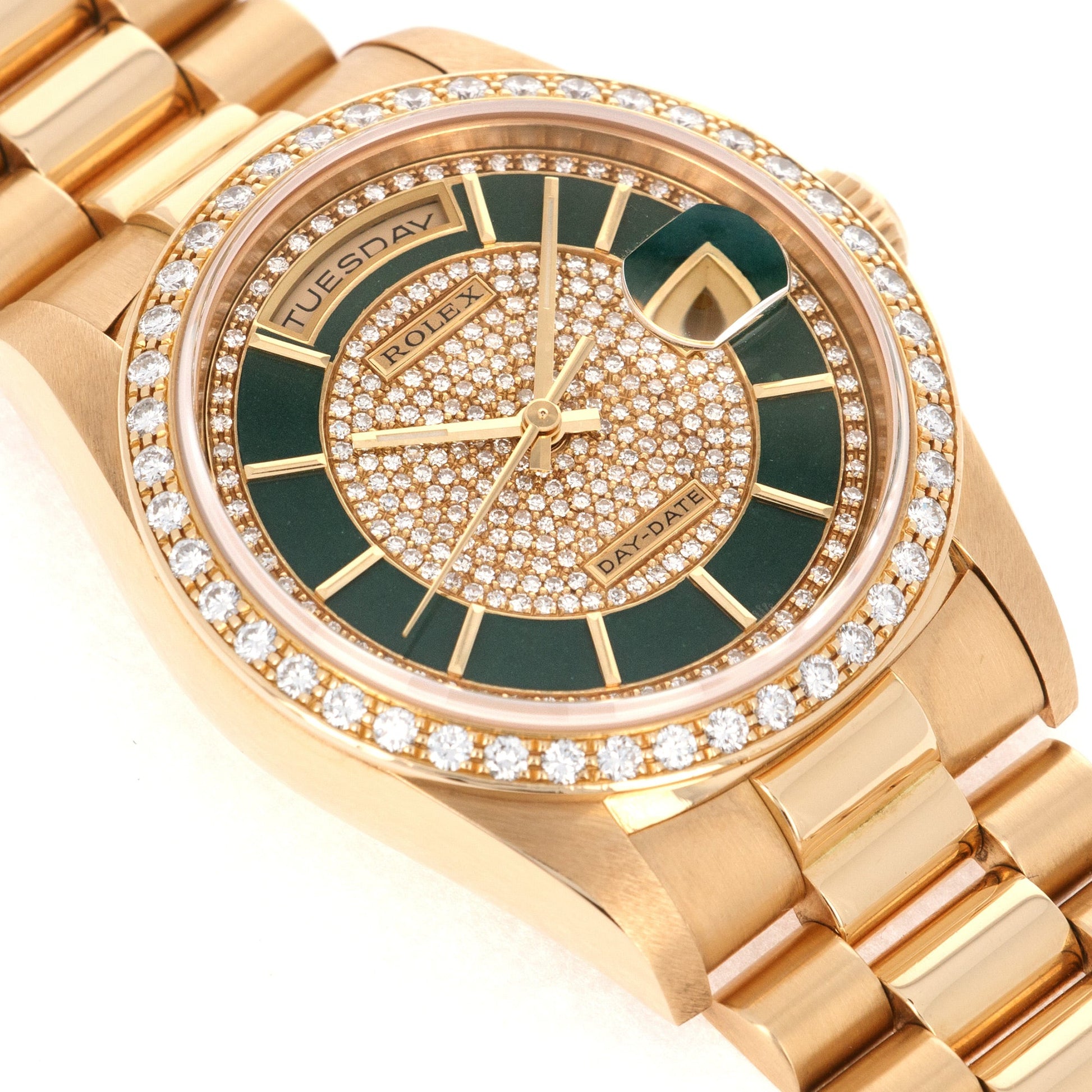 Rolex Yellow Gold Day-Date Ref. 18348 with Original Carousel Diamond and Green Enamel Dial