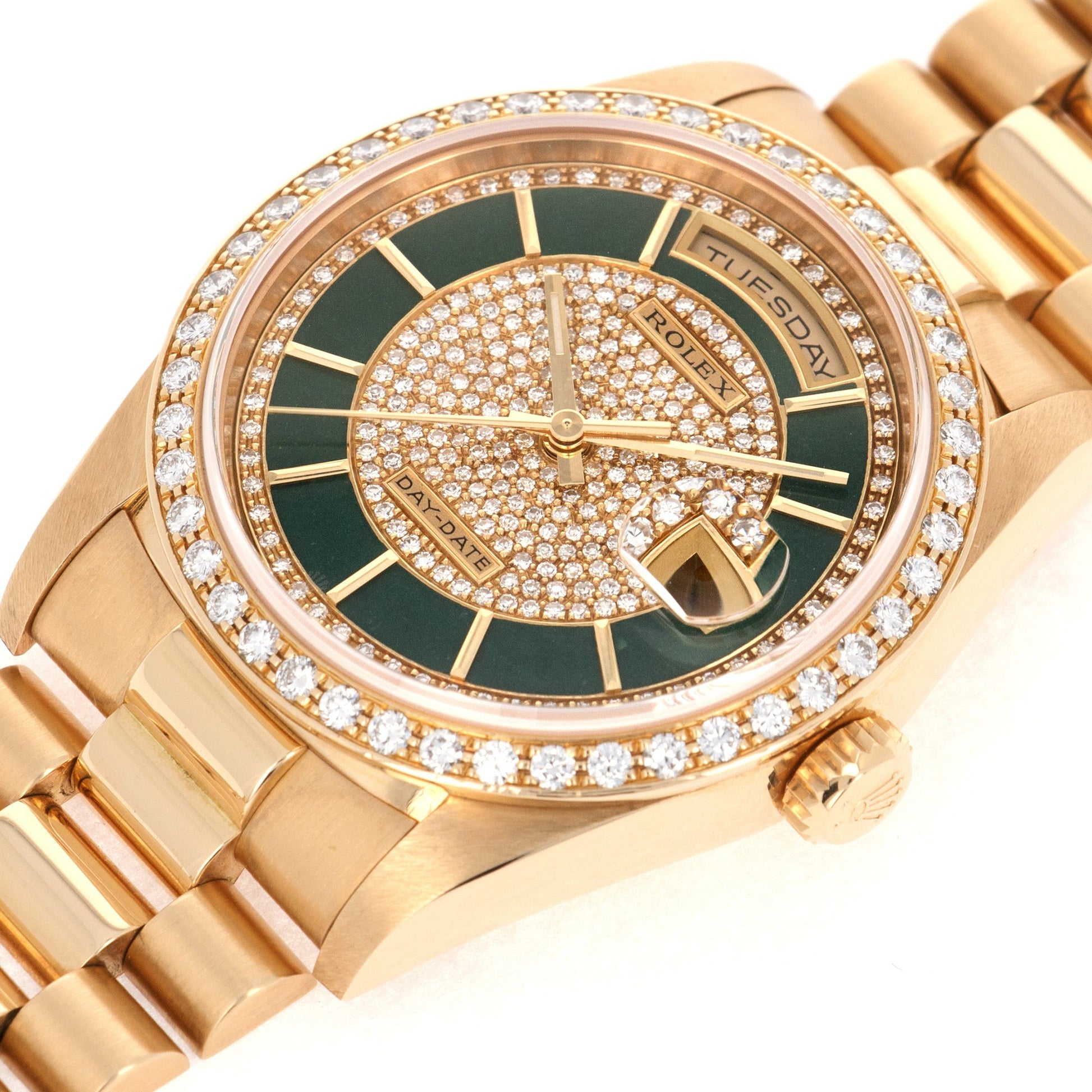 Rolex Yellow Gold Day-Date Ref. 18348 with Original Carousel Diamond and Green Enamel Dial