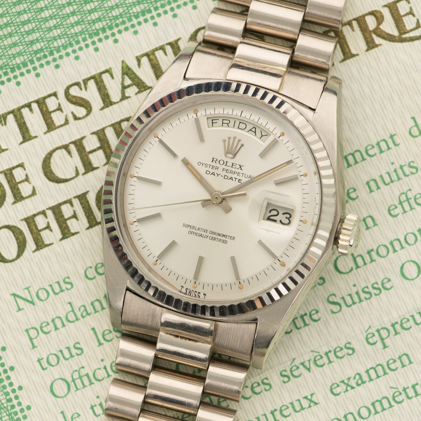 Rolex White Gold Day-Date Watch Ref. 1803 with Original Paper