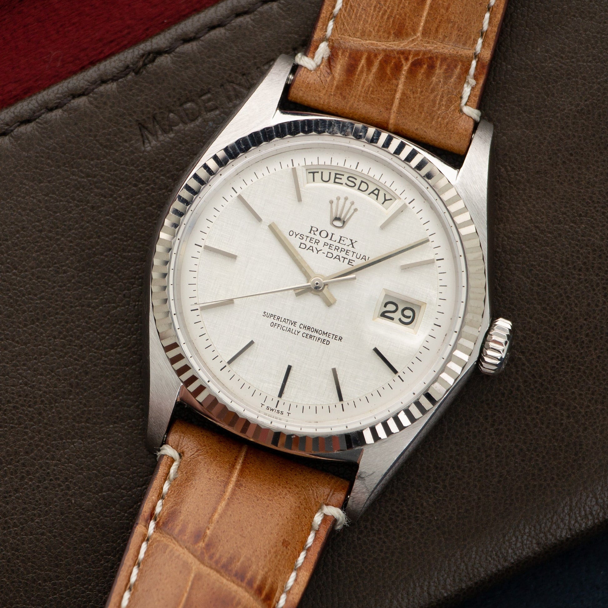 Rolex White Gold Day-Date Linen Dial Watch Ref. 1803