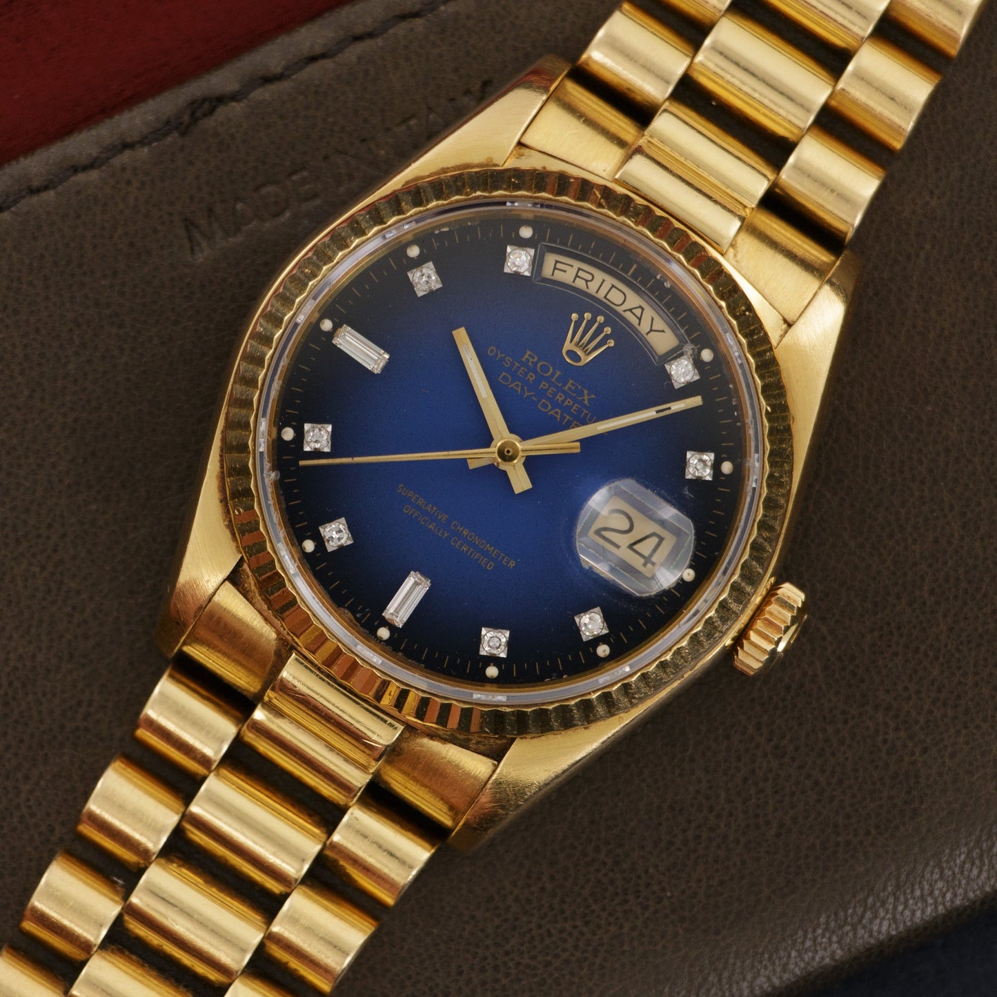 Rolex Yellow Gold Day-Date Blue Vignette Diamond Watch