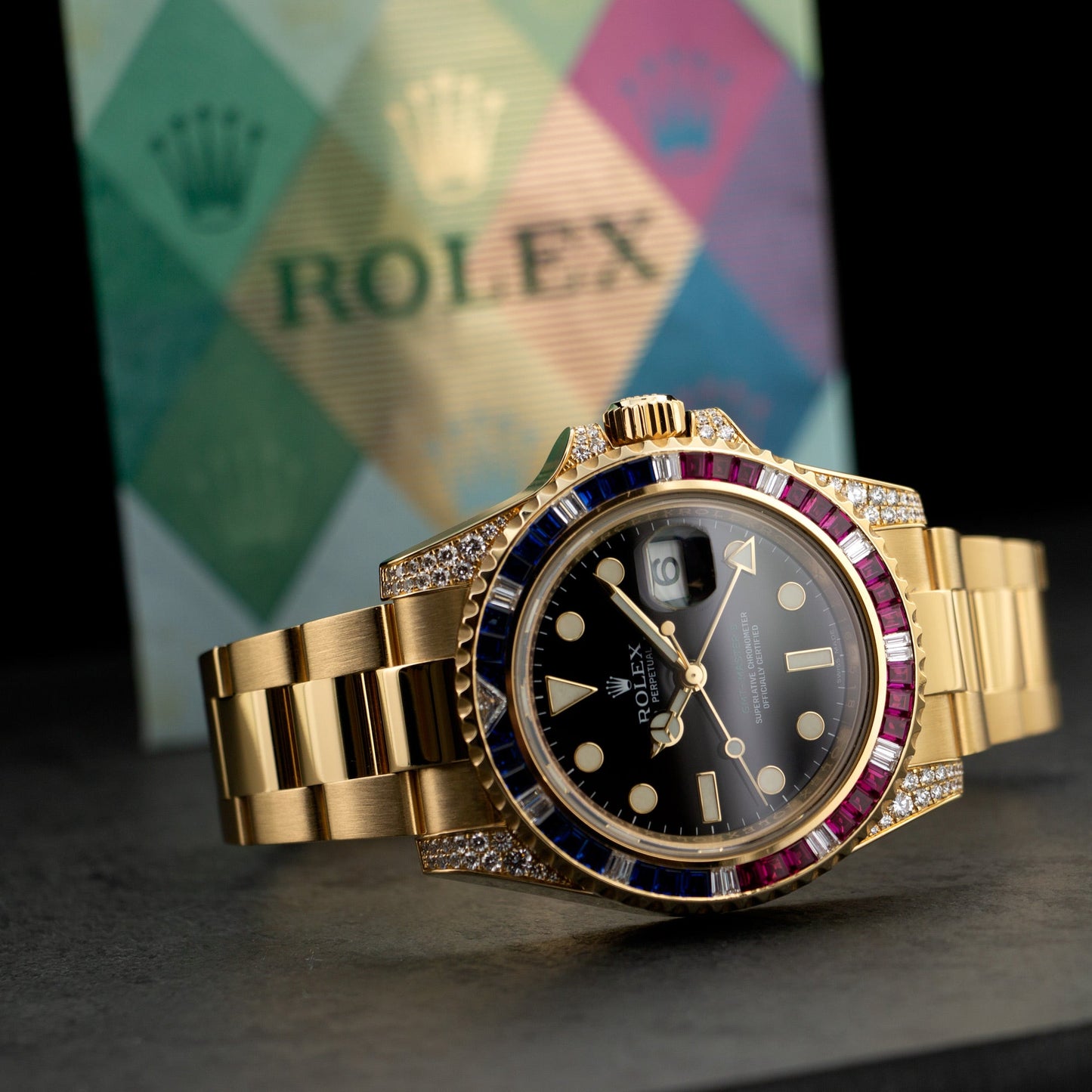 Rolex Yellow Gold GMT-Master II Sapphire Ruby Diamond Watch Ref. 116758