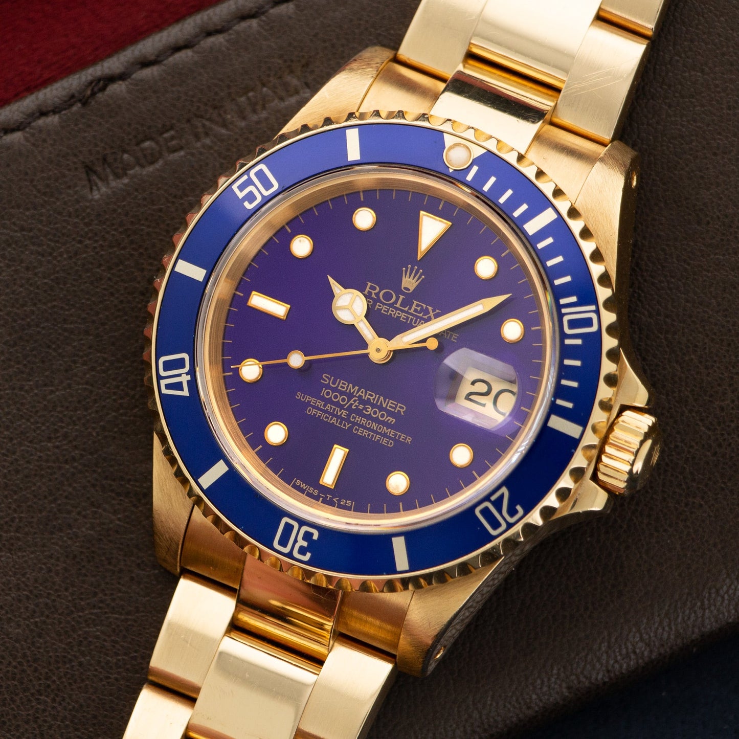 Rolex Yellow Gold Submariner Watch Ref 16618 with Original Tropical Purple Dial