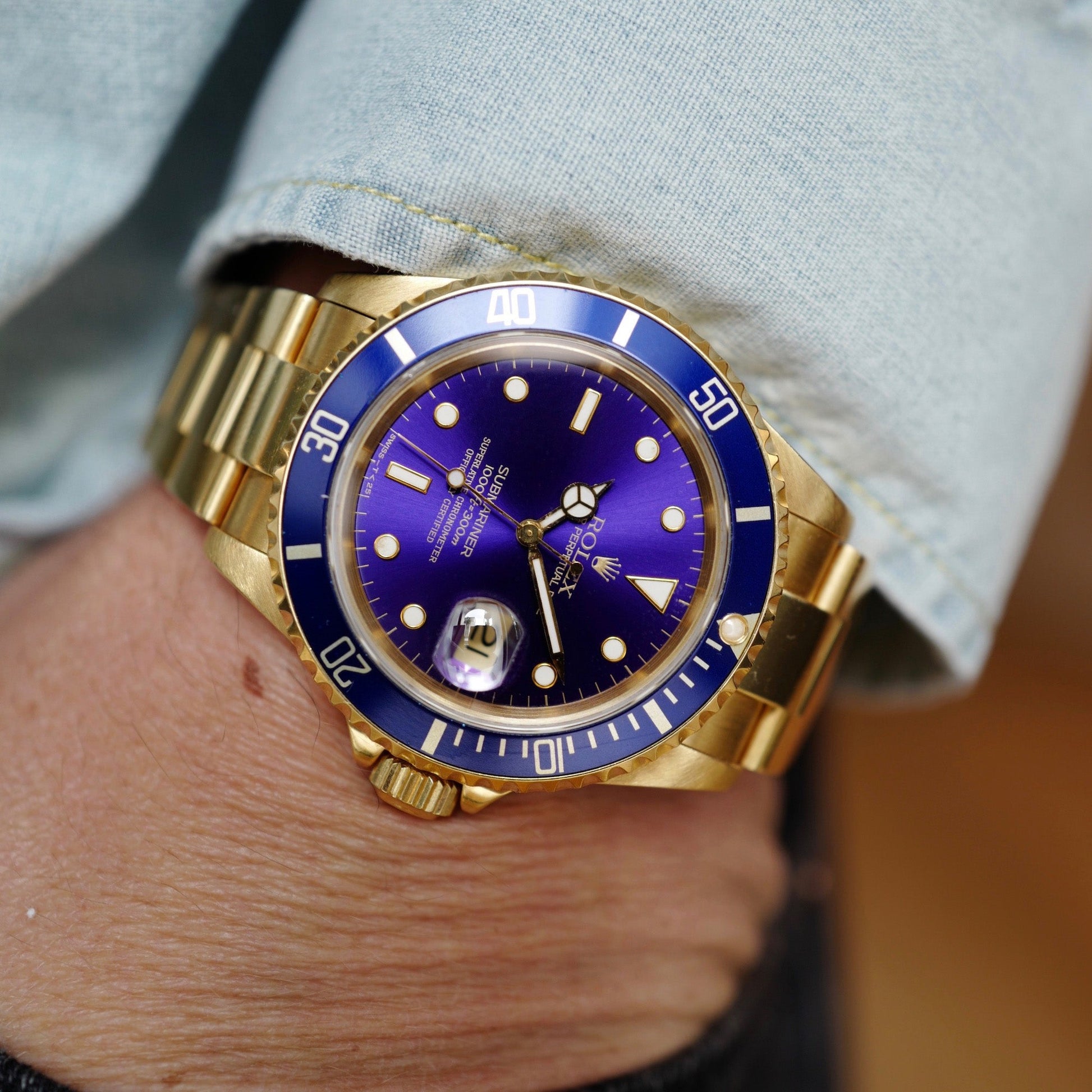 Rolex Yellow Gold Submariner Watch Ref 16618 with Original Tropical Purple Dial