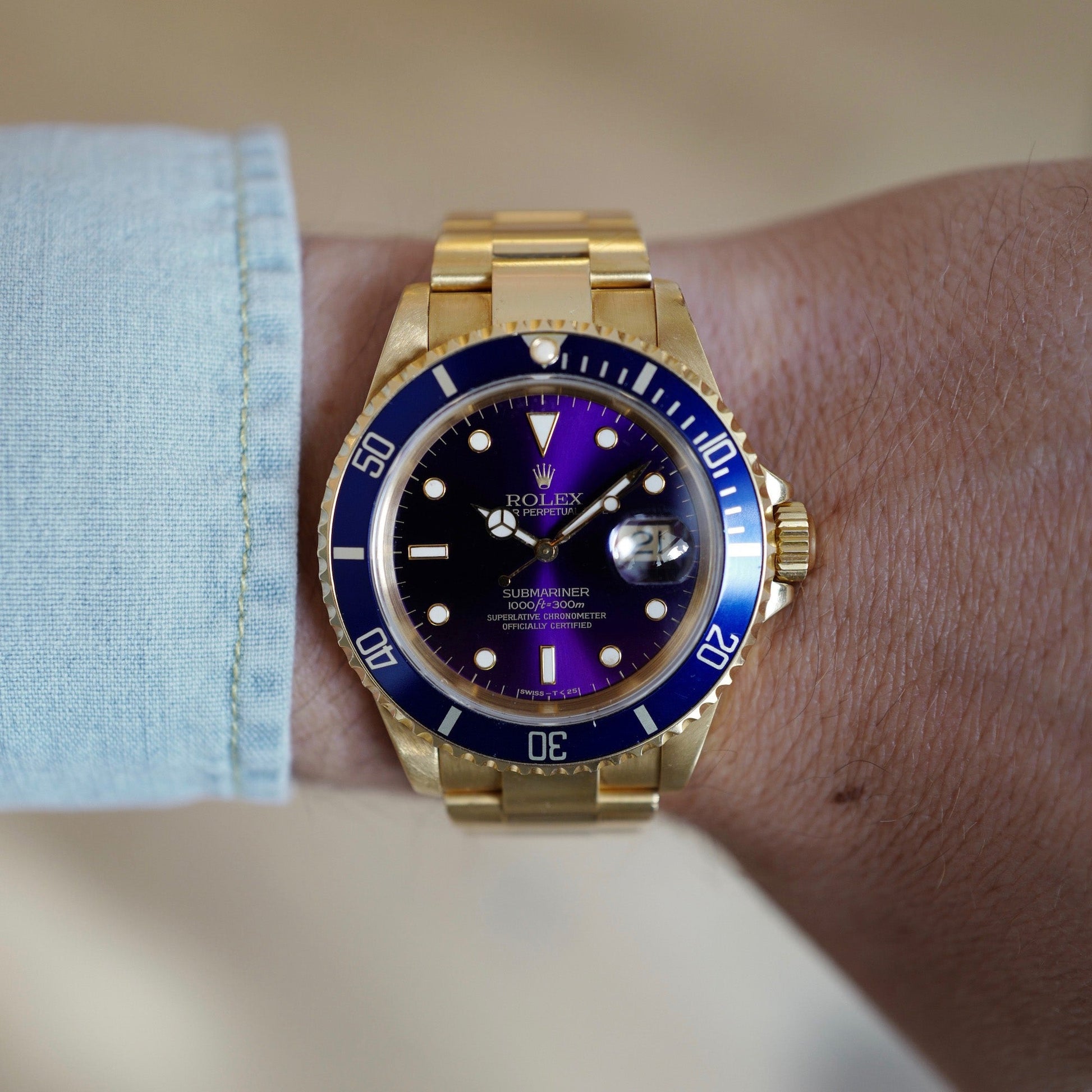 Rolex Yellow Gold Submariner Watch Ref 16618 with Original Tropical Purple Dial