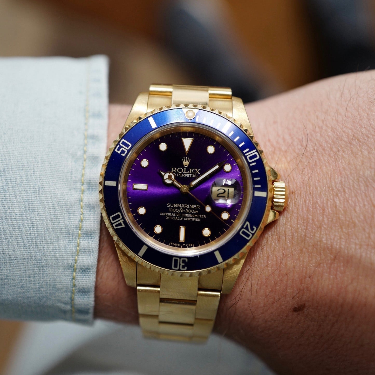 Rolex Yellow Gold Submariner Watch Ref 16618 with Original Tropical Purple Dial