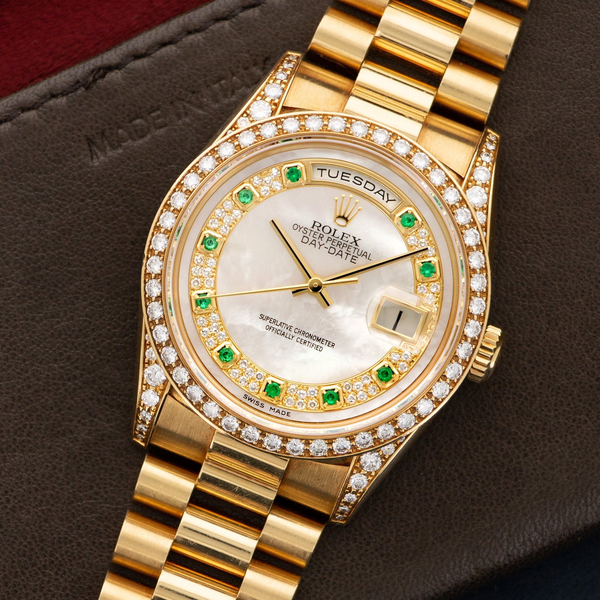 Rolex Yellow Gold Day-Date Diamond & Emerald Watch Ref. 18388