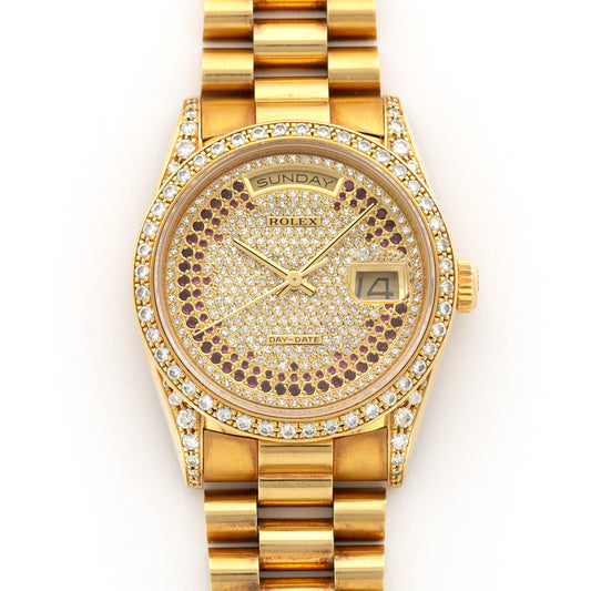 Rolex Yellow Gold Day-Date Pave Diamond & Ruby Watch Ref. 18388