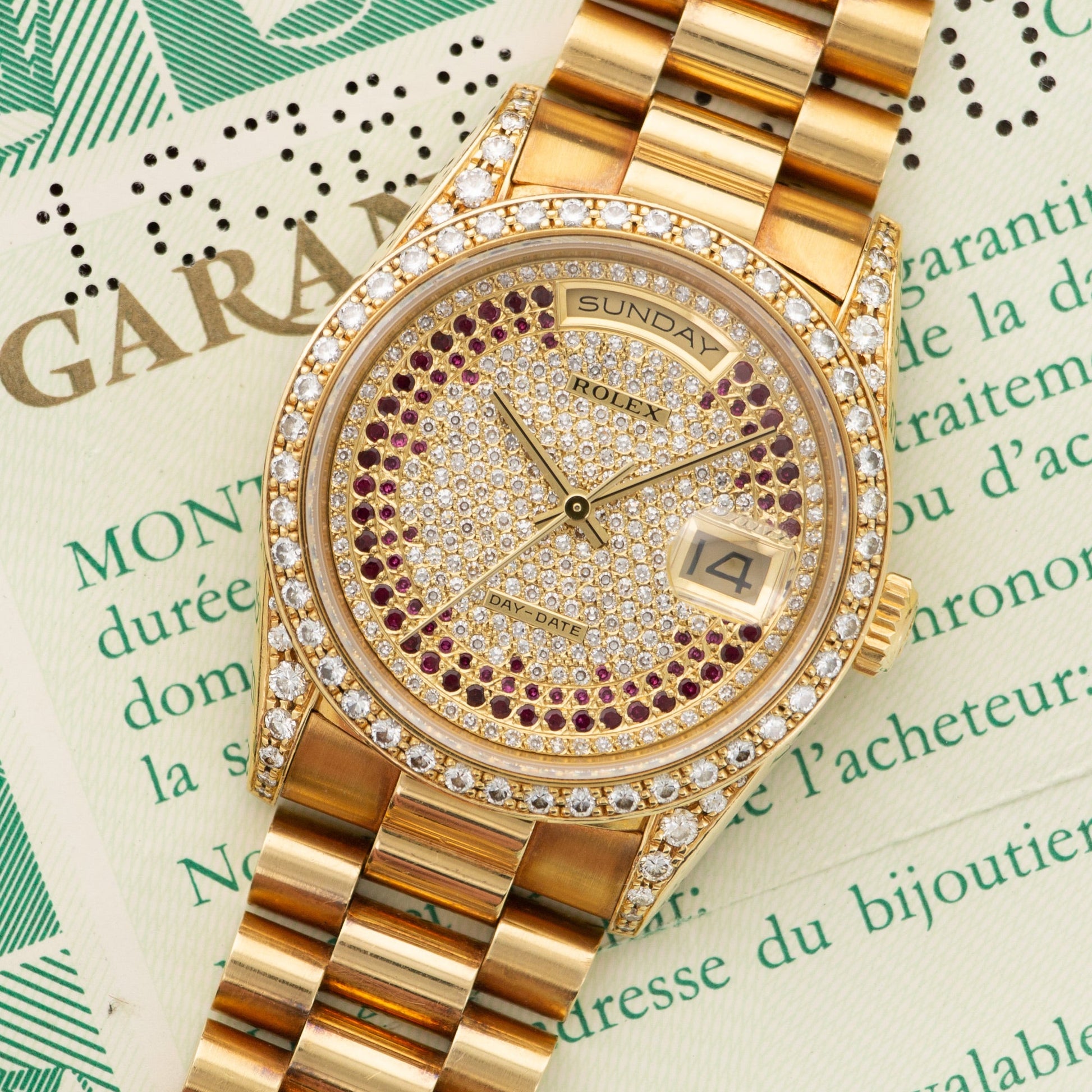 Rolex Yellow Gold Day-Date Pave Diamond & Ruby Watch Ref. 18388