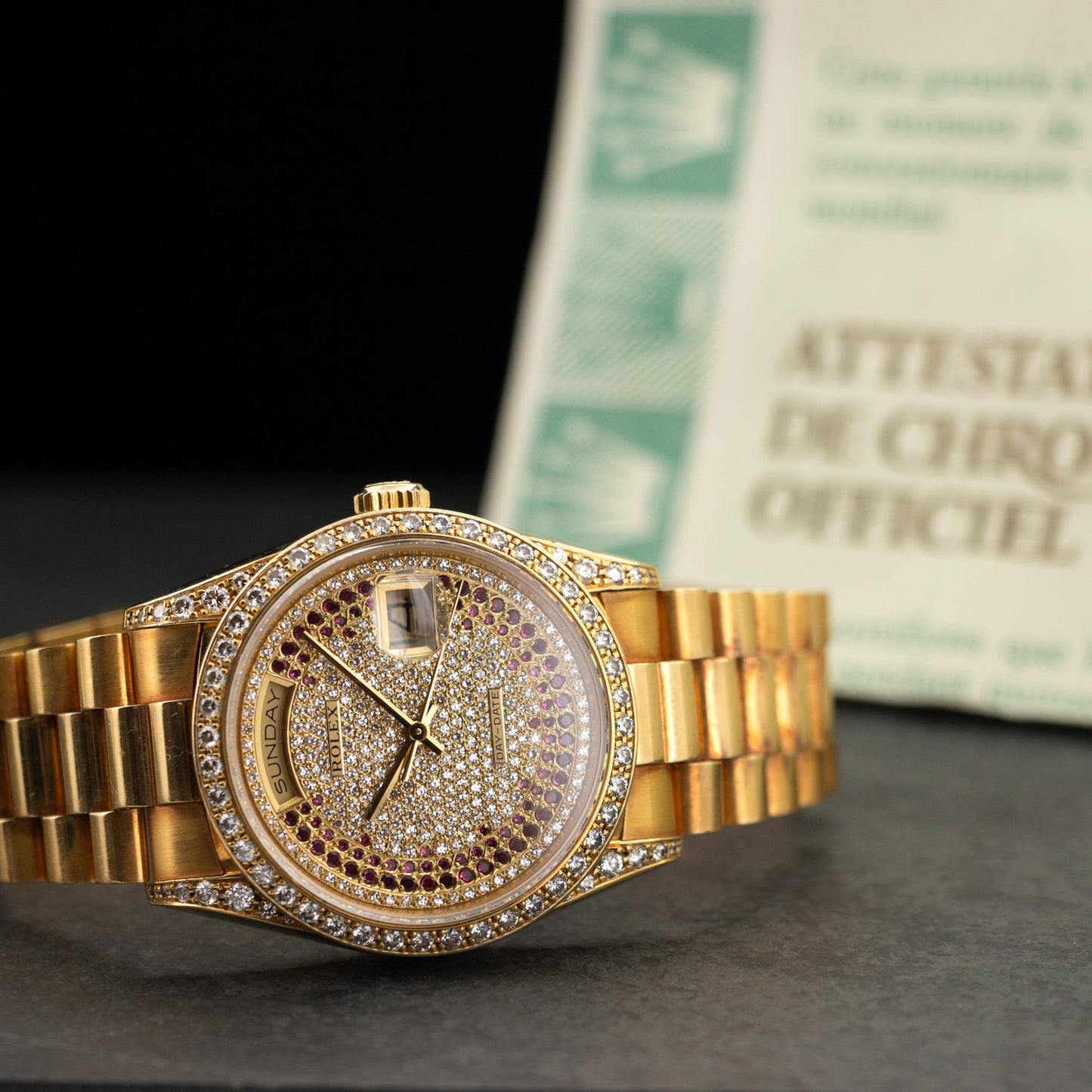 Rolex Yellow Gold Day-Date Pave Diamond & Ruby Watch Ref. 18388