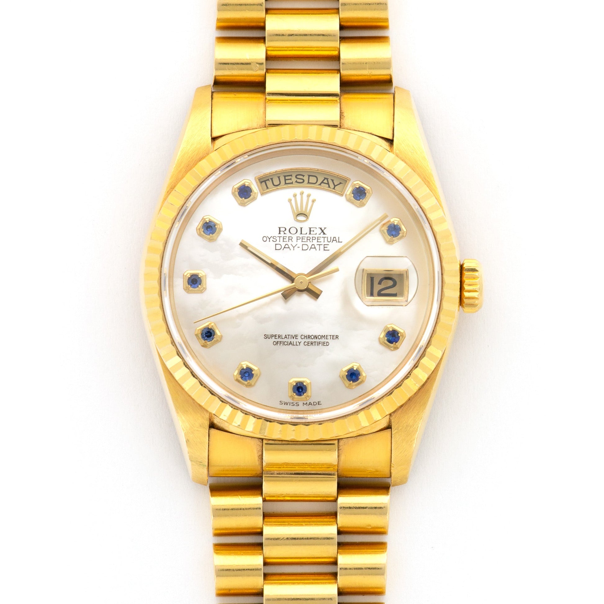 Rolex Yellow Gold Day-Date Mother of Pearl Sapphire Watch Ref. 18238