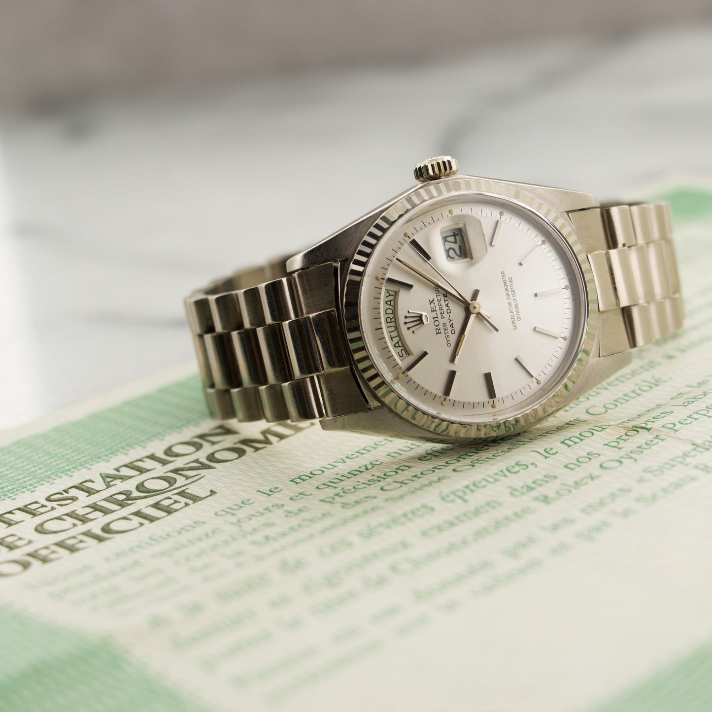 Rolex White Gold Day-Date Watch Ref. 1803 with Original Paper