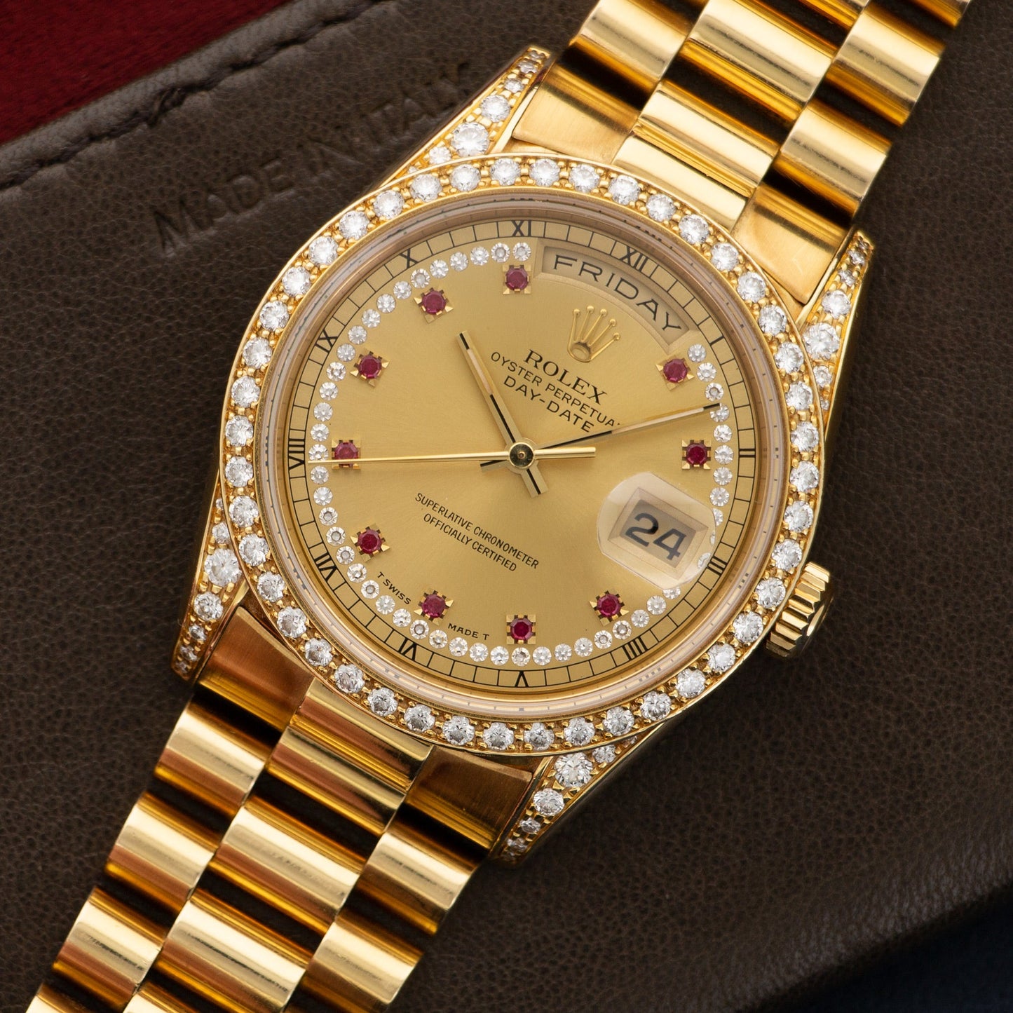 Rolex Yellow Gold Day-Date Diamond Ruby Watch