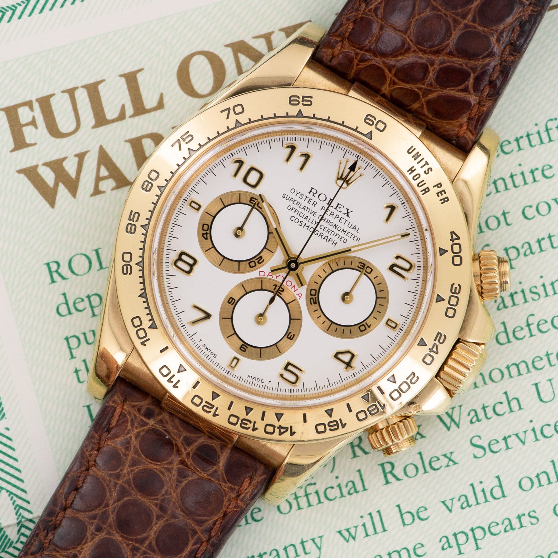 Rolex Yellow Gold Zenith Cosmograph Daytona Watch, Ref 16518 with Original Box and Papers