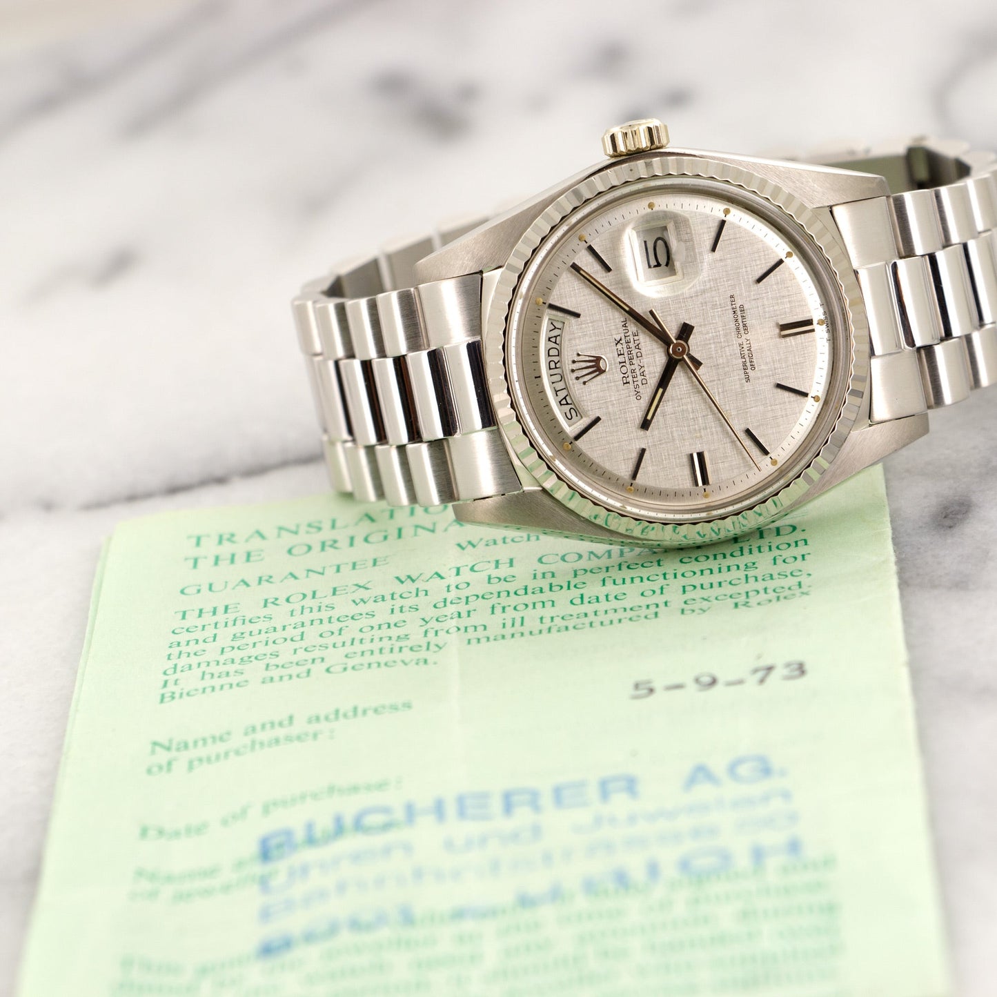 Rolex White Gold Day-Date Watch Ref. 1803, Retailed by Bucherer