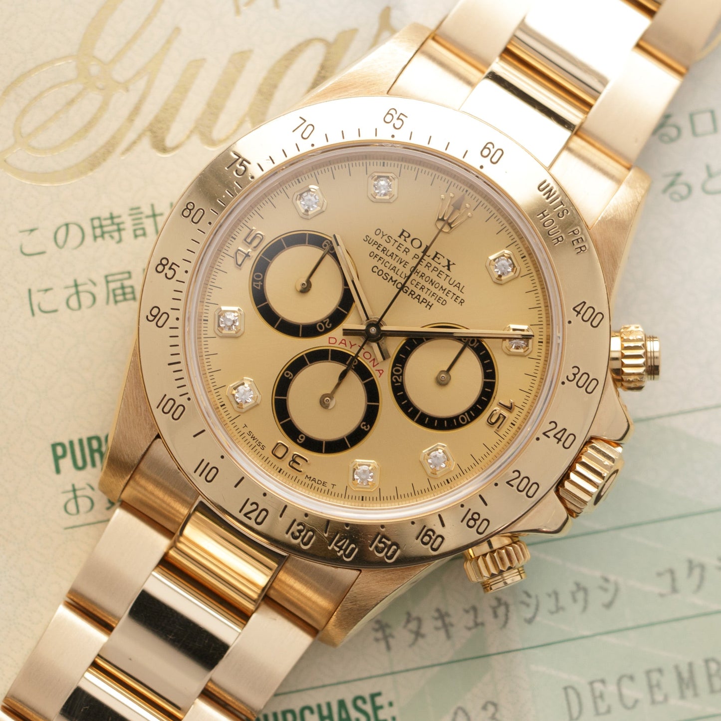 Rolex Yellow Gold Cosmograph Daytona Zenith Diamond Watch Ref. 16528, with Original Papers