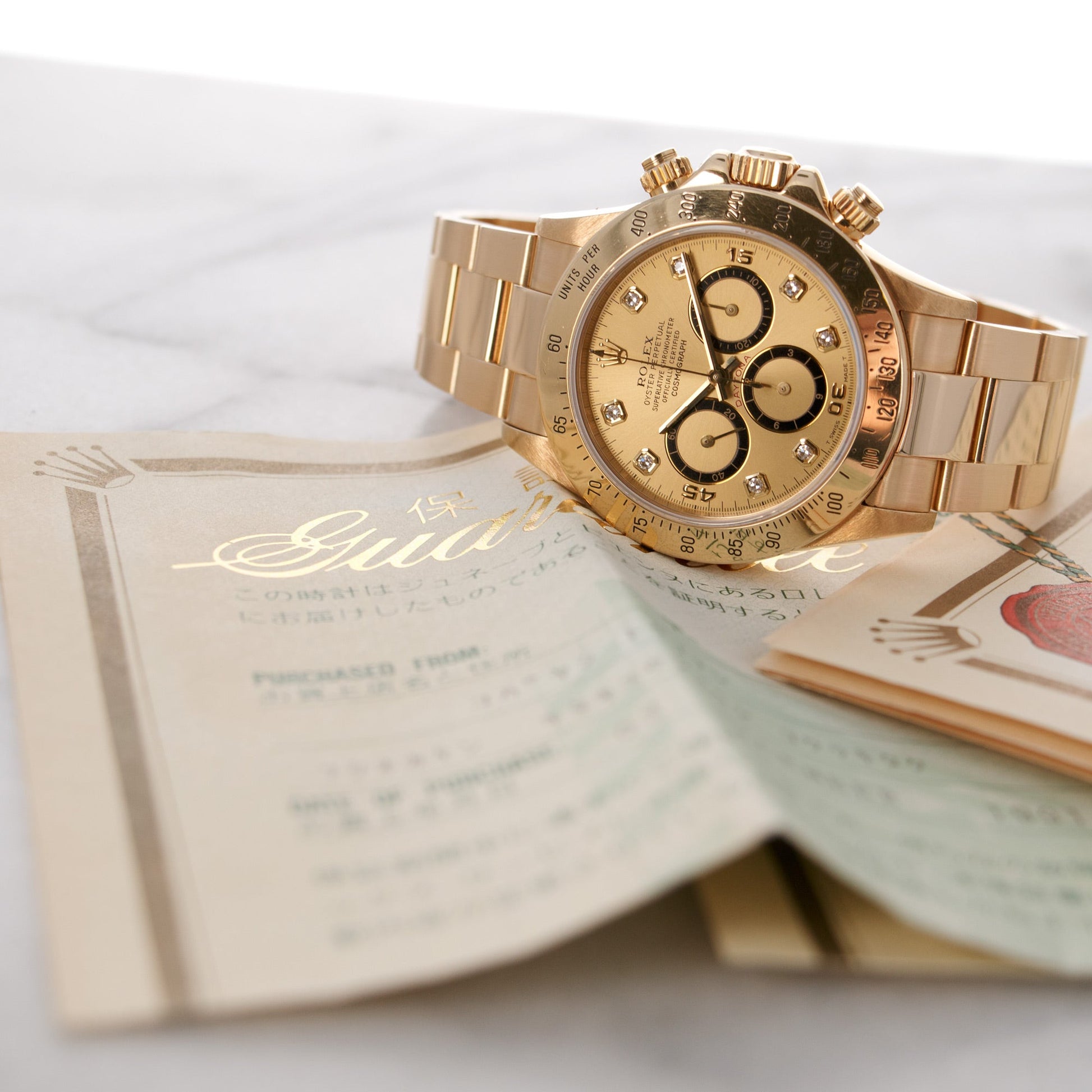 Rolex Yellow Gold Cosmograph Daytona Zenith Diamond Watch Ref. 16528, with Original Papers