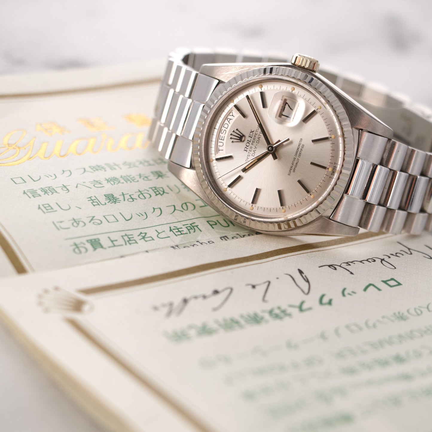 Rolex White Gold Day-Date Watch Ref. 1803, with Original Warranty Paper