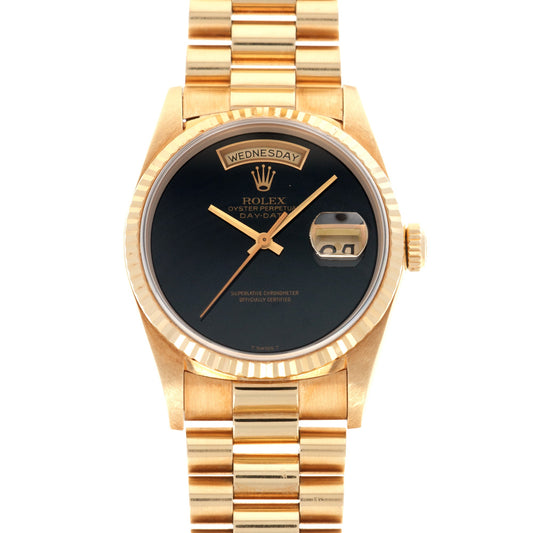 Rolex Yellow Gold Day-Date Onyx Dial Watch, with Original Box and Papers