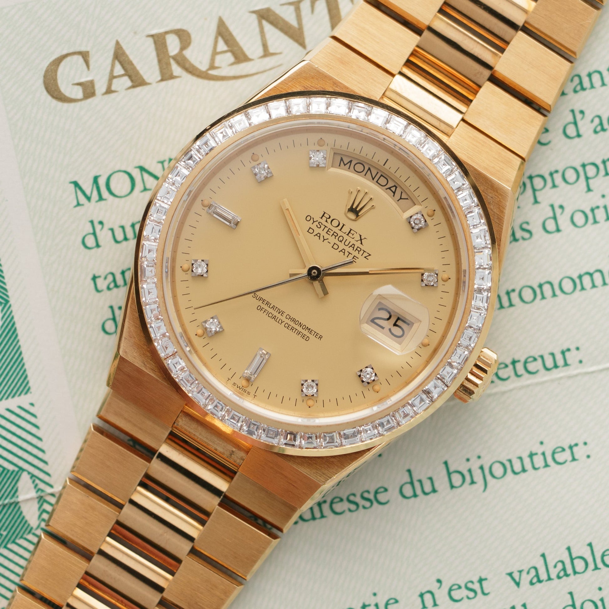 Rolex Yellow Gold Day-Date Oysterquartz Diamond Watch Ref. 19058, Delivered to Saudi Arabian Oil Co.