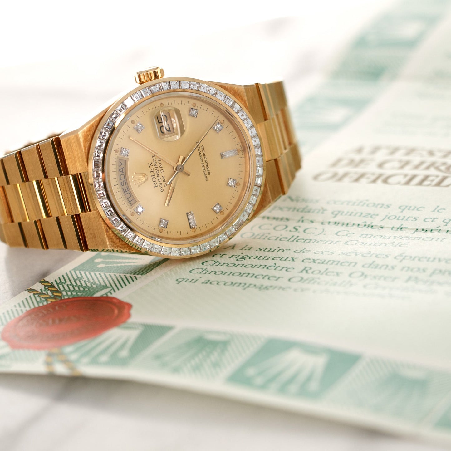 Rolex Yellow Gold Day-Date Oysterquartz Diamond Watch Ref. 19058, Delivered to Saudi Arabian Oil Co.