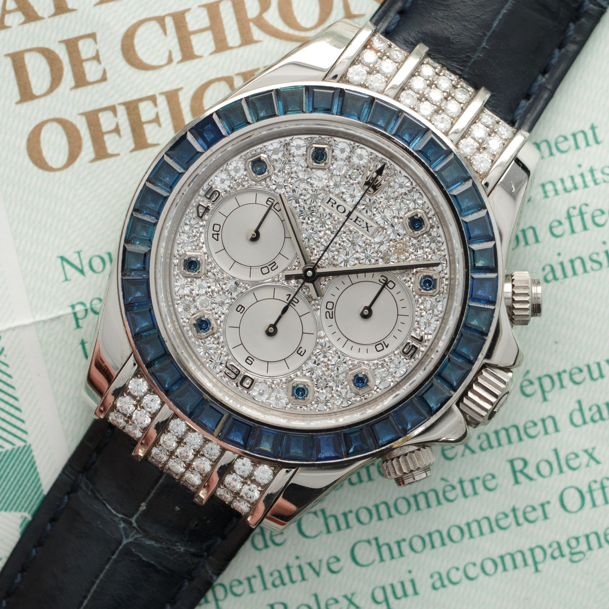 Rolex White Gold Daytona Zenith Diamond & Sapphire Watch Ref. 16599