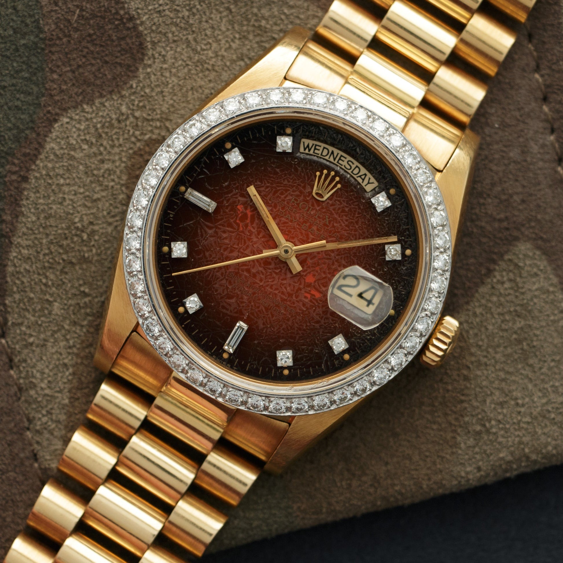 Rolex Yellow Gold Day-Date Red Vignette Diamond Watch Ref. 18048