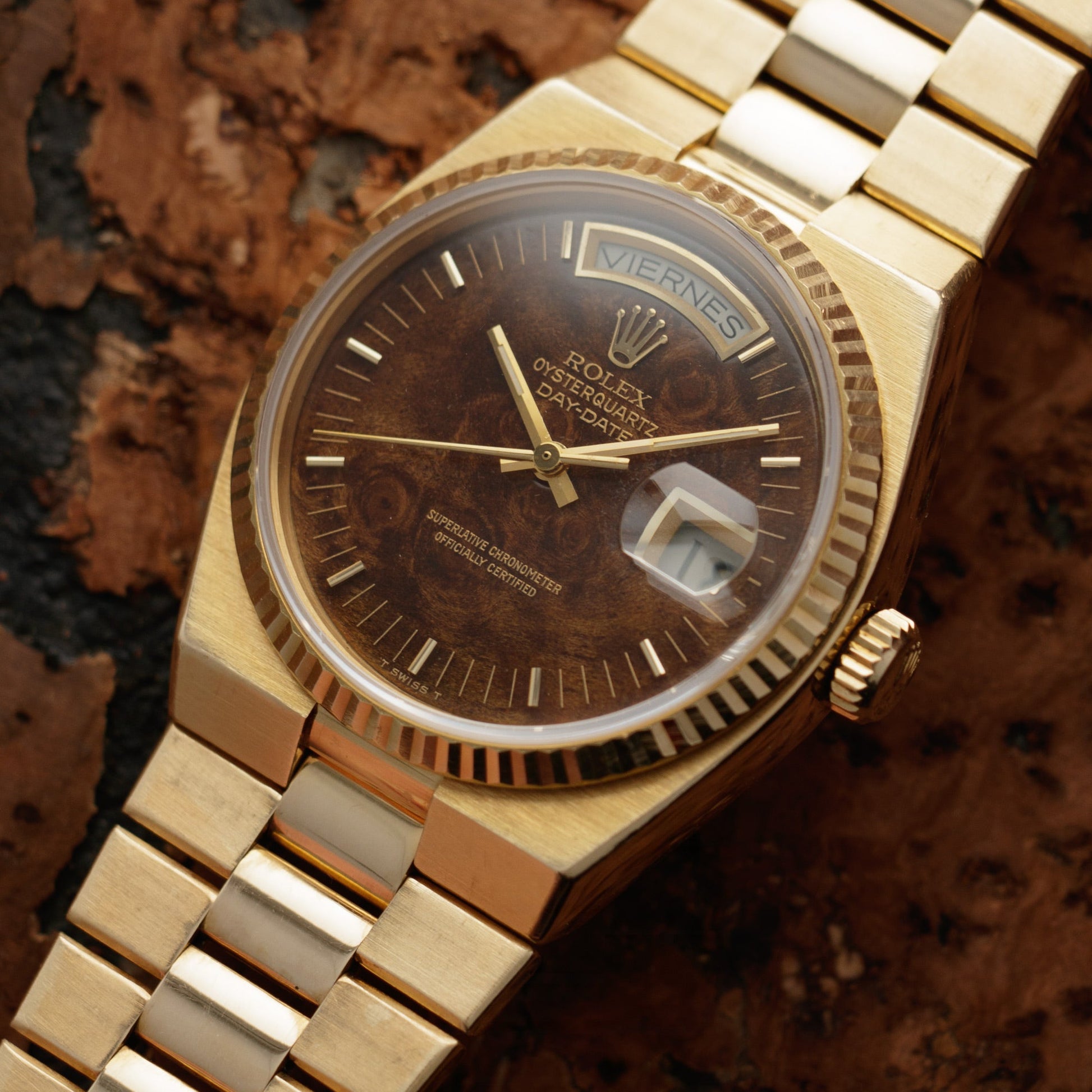 Rolex Yellow Gold Day-Date Oysterquartz Ref. 19018 with Wood Dial