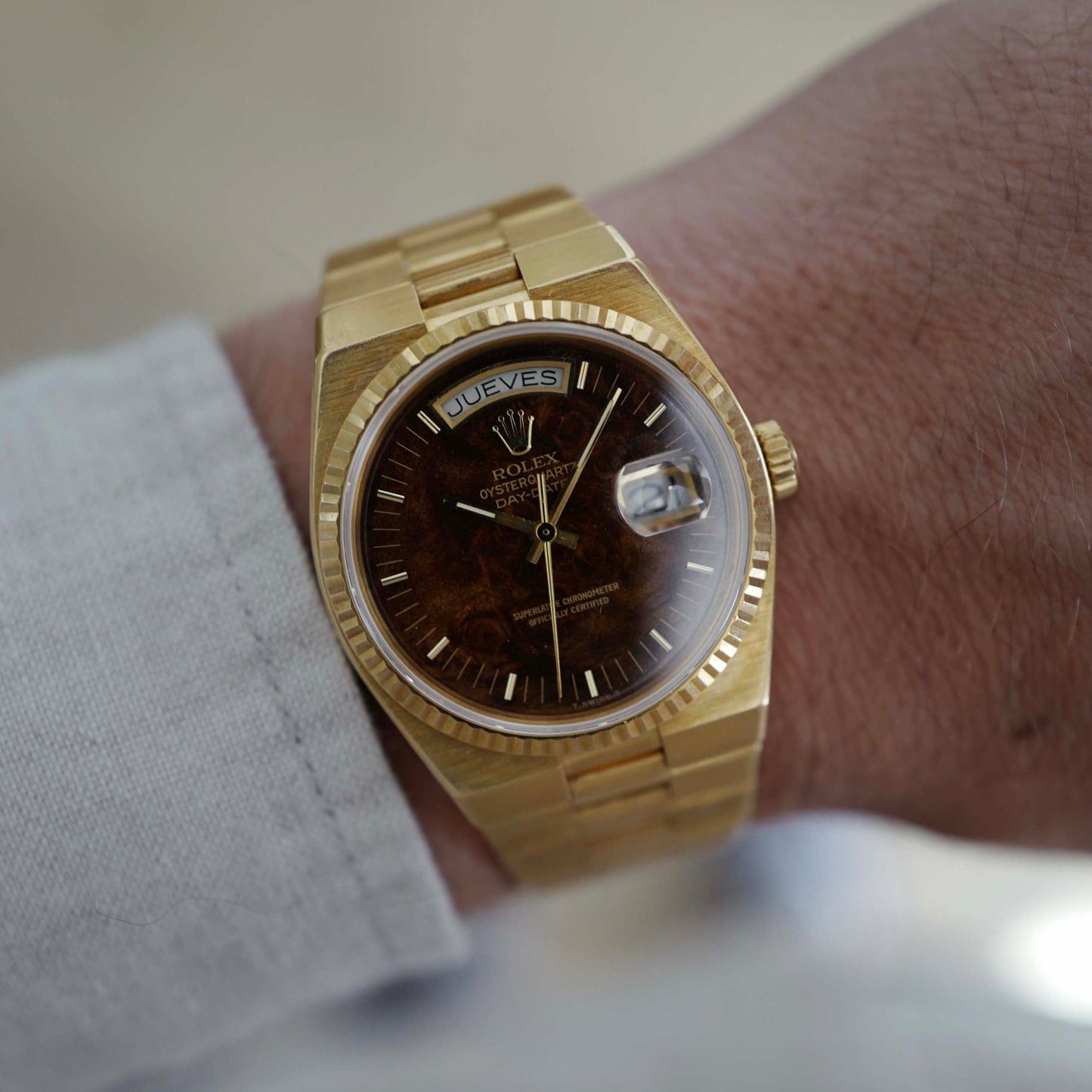 Rolex Yellow Gold Day-Date Oysterquartz Ref. 19018 with Wood Dial