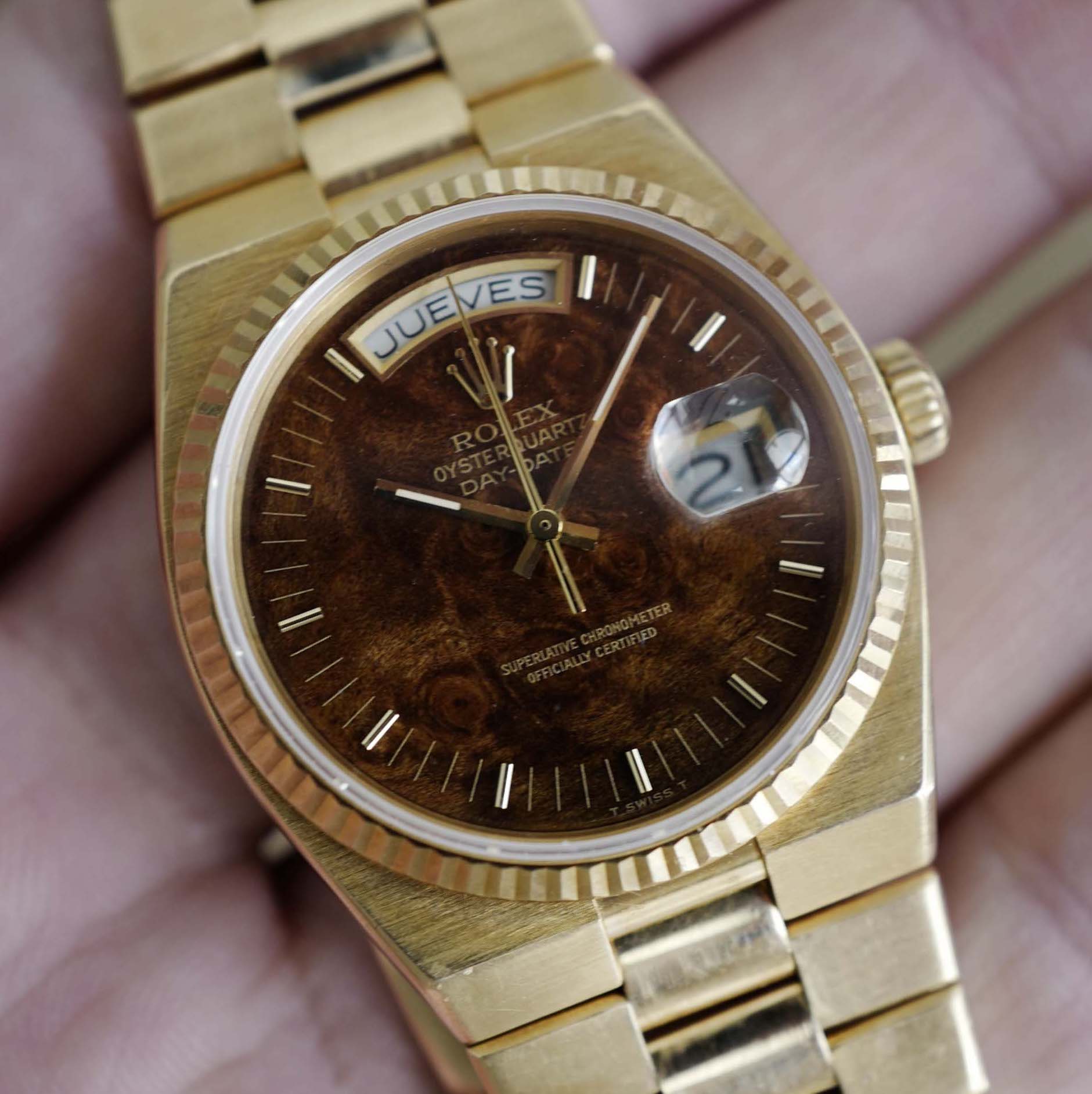 Rolex Yellow Gold Day-Date Oysterquartz Ref. 19018 with Wood Dial