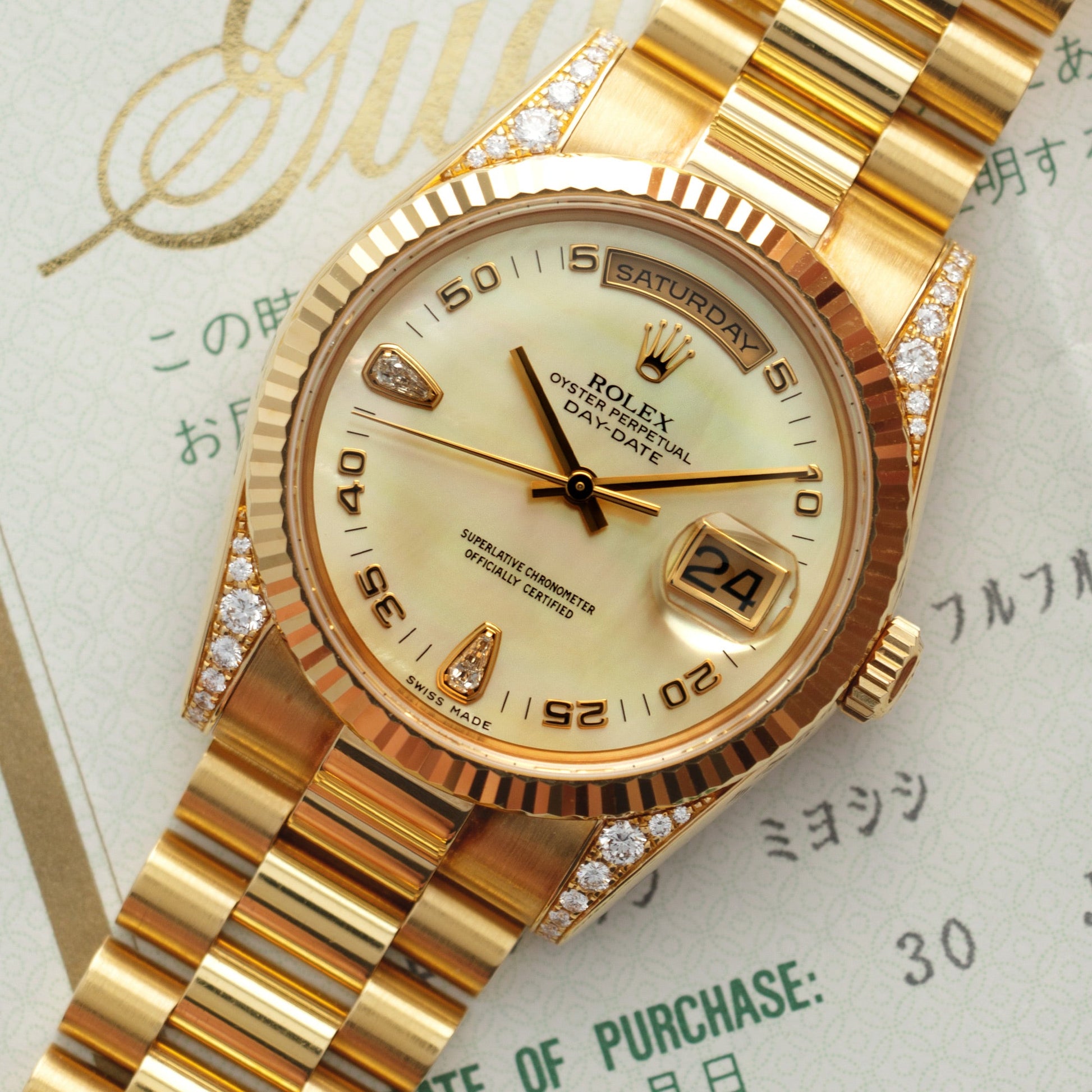 Rolex Yellow Gold Day-Date Mother of Pearl Diamond Ref. 118338