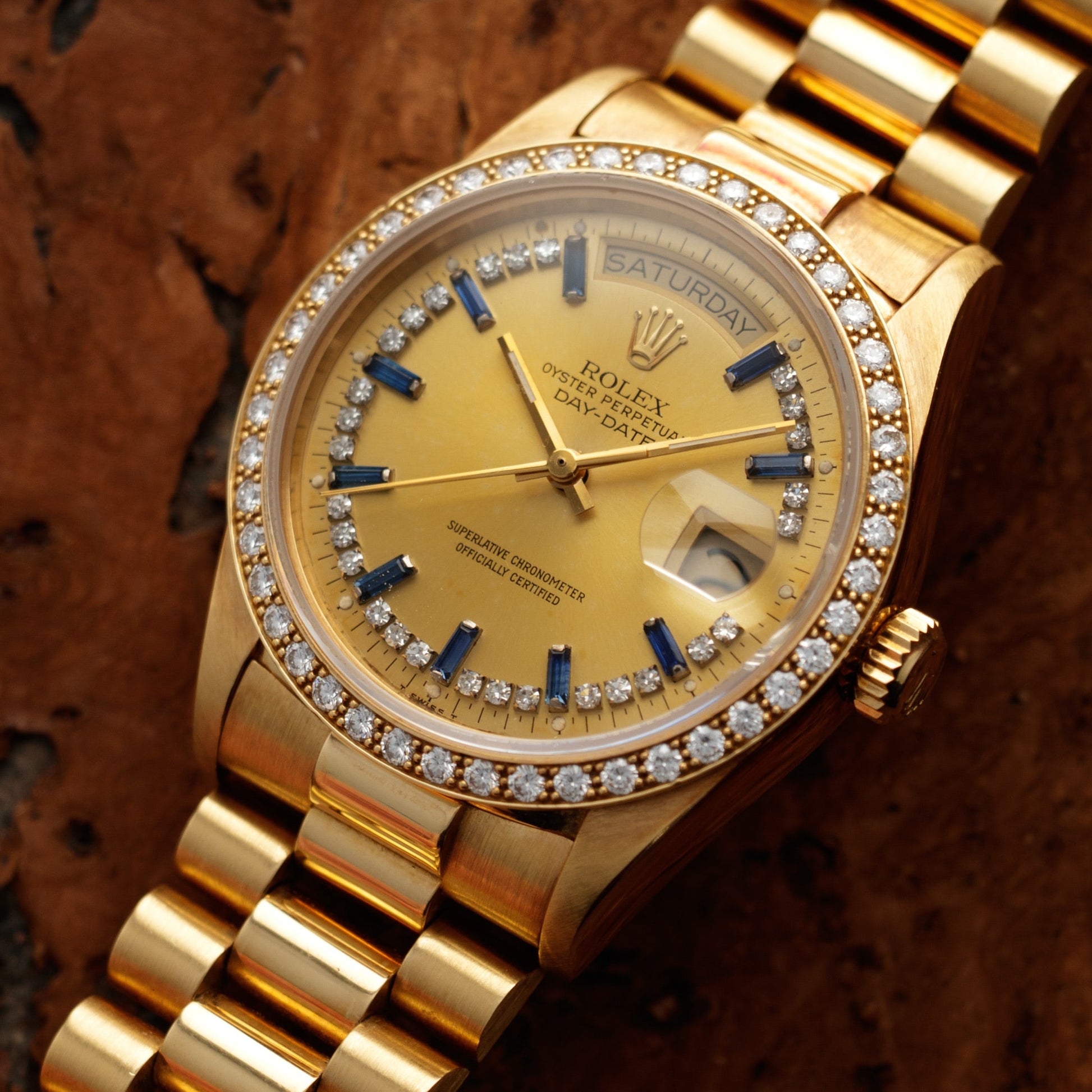 Rolex Yellow Gold Day-Date Ref. 18048 with Factory Sapphire Diamond String Dial