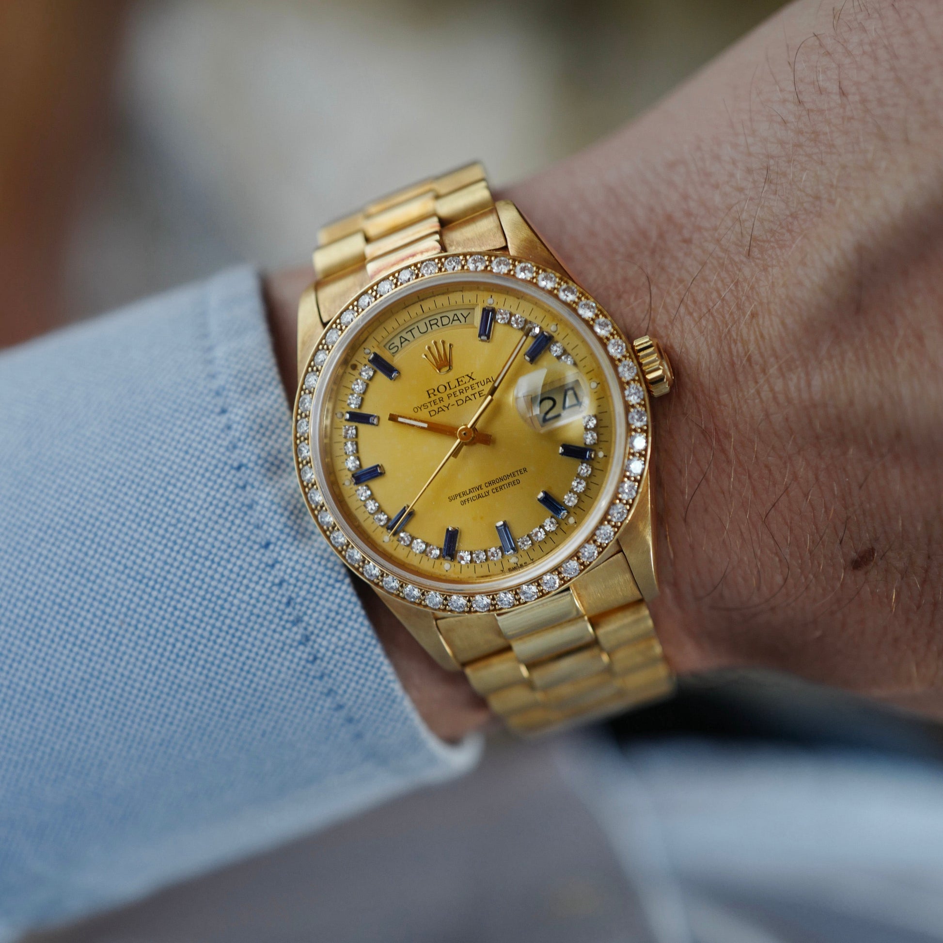 Rolex Yellow Gold Day-Date Ref. 18048 with Factory Sapphire Diamond String Dial