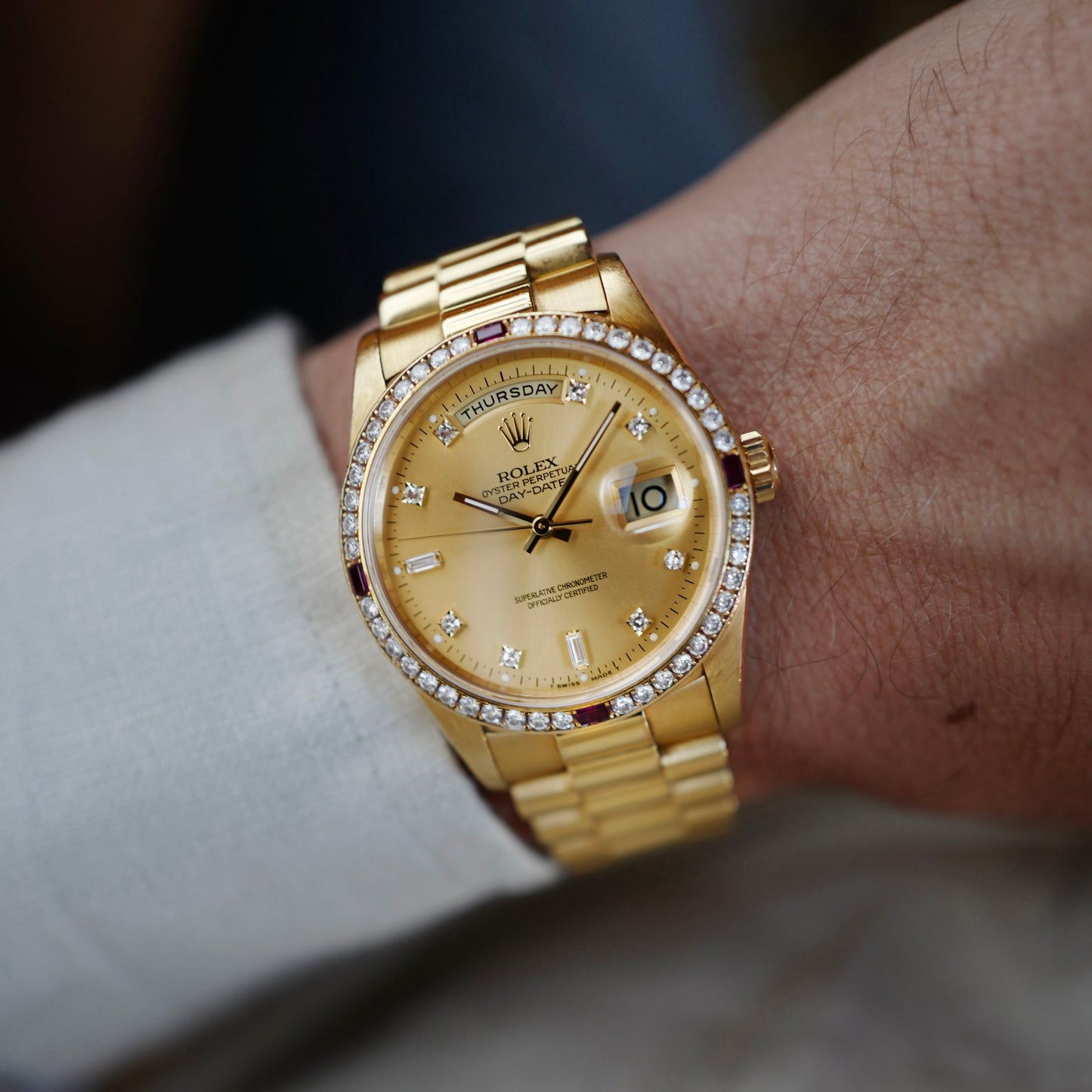 Rolex Yellow Gold Day-Date Ref. 18378 with Factory Ruby and Diamond Bezel