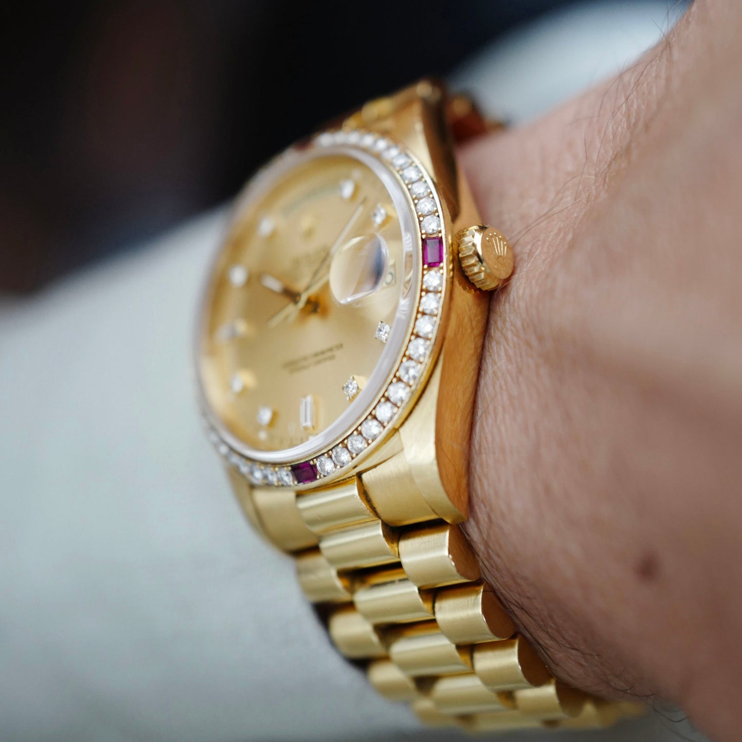 Rolex Yellow Gold Day-Date Ref. 18378 with Factory Ruby and Diamond Bezel