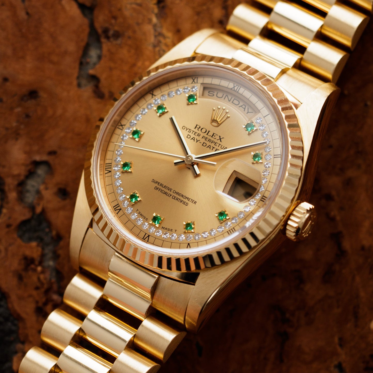 Rolex Yellow Gold Day-Date Ref. 18238 with Emerald String Dial