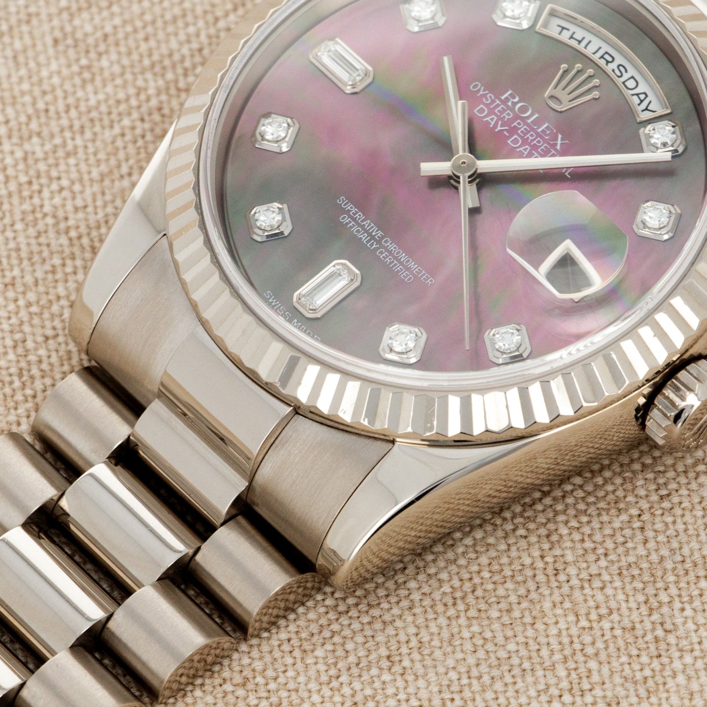 Rolex White Gold Day-Date Watch Ref. 118239 with Mother of Pearl and Diamond Dial