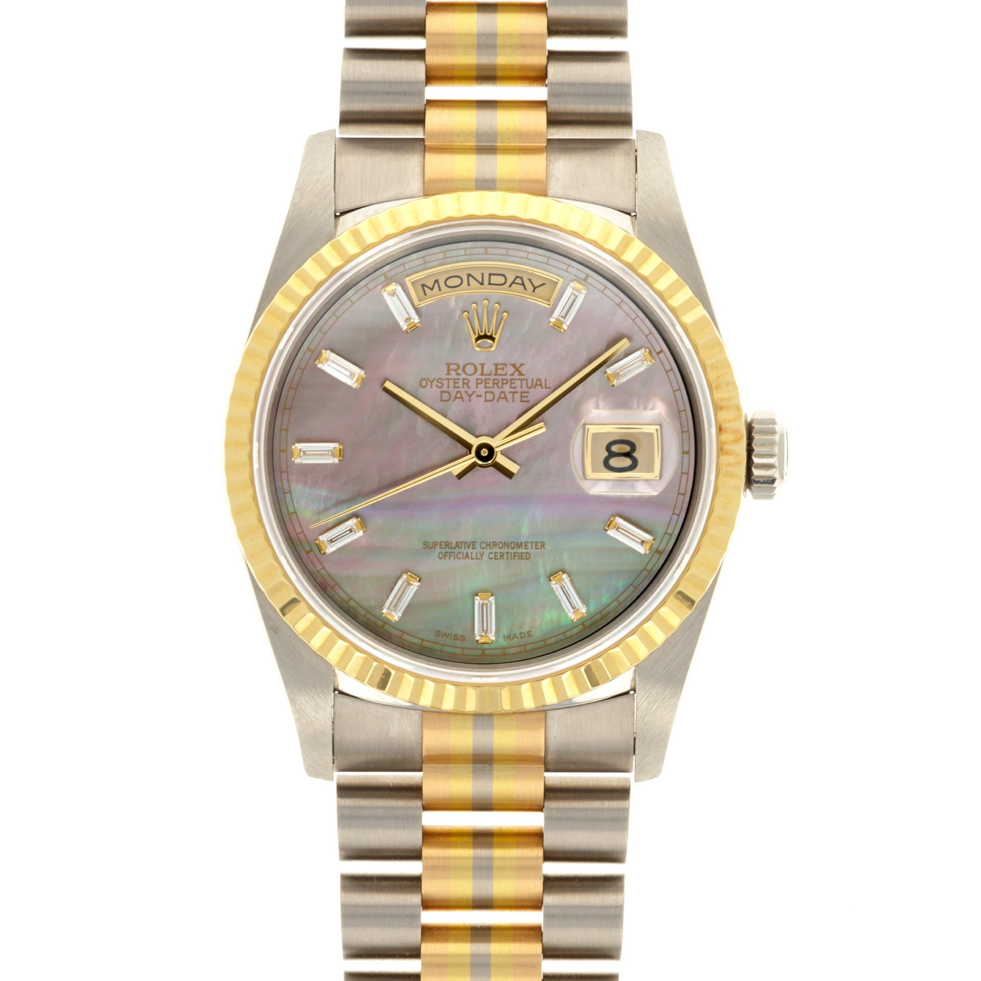 Rolex Tridor Day-Date Ref. 18239 with Mother of Pearl and Baguette Diamond Dial