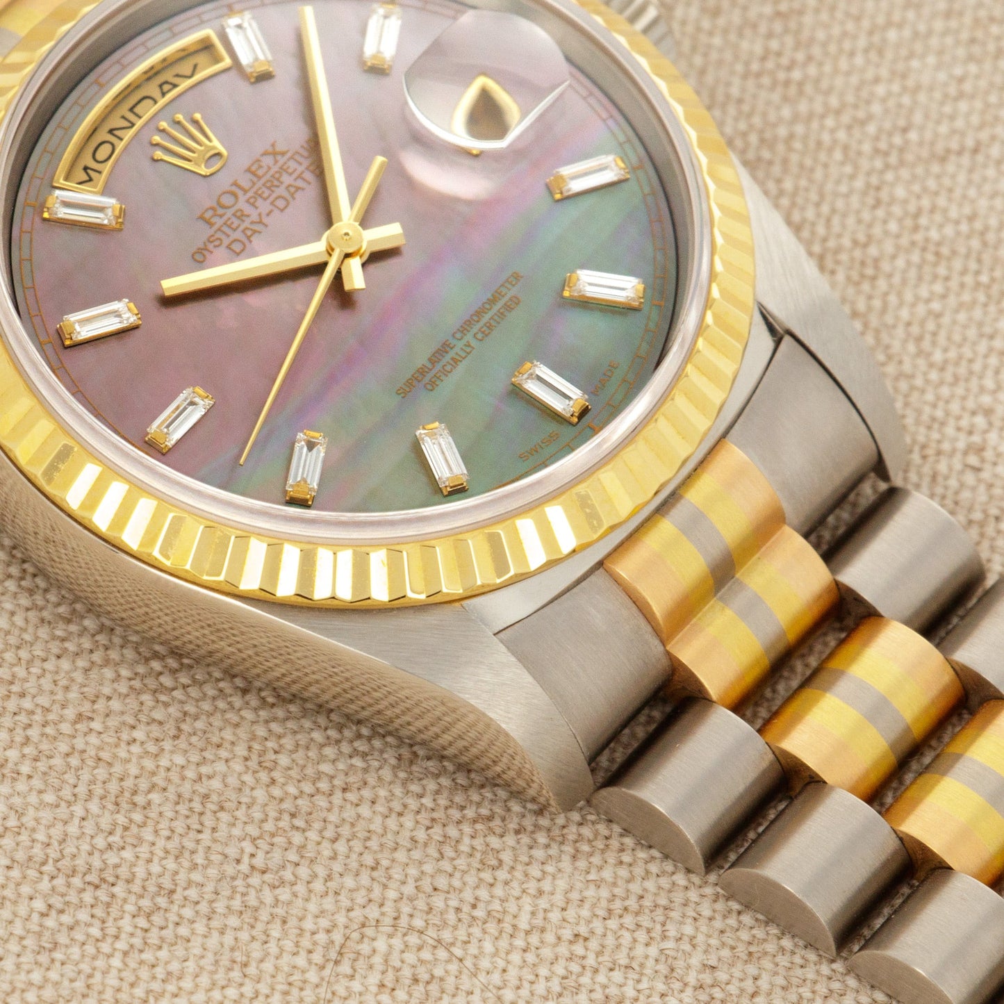 Rolex Tridor Day-Date Ref. 18239 with Mother of Pearl and Baguette Diamond Dial