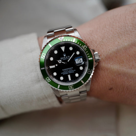 Rolex Submariner Anniversary Kermit Watch Ref. 16610 with Flat Four Bezel (NEW ARRIVAL)