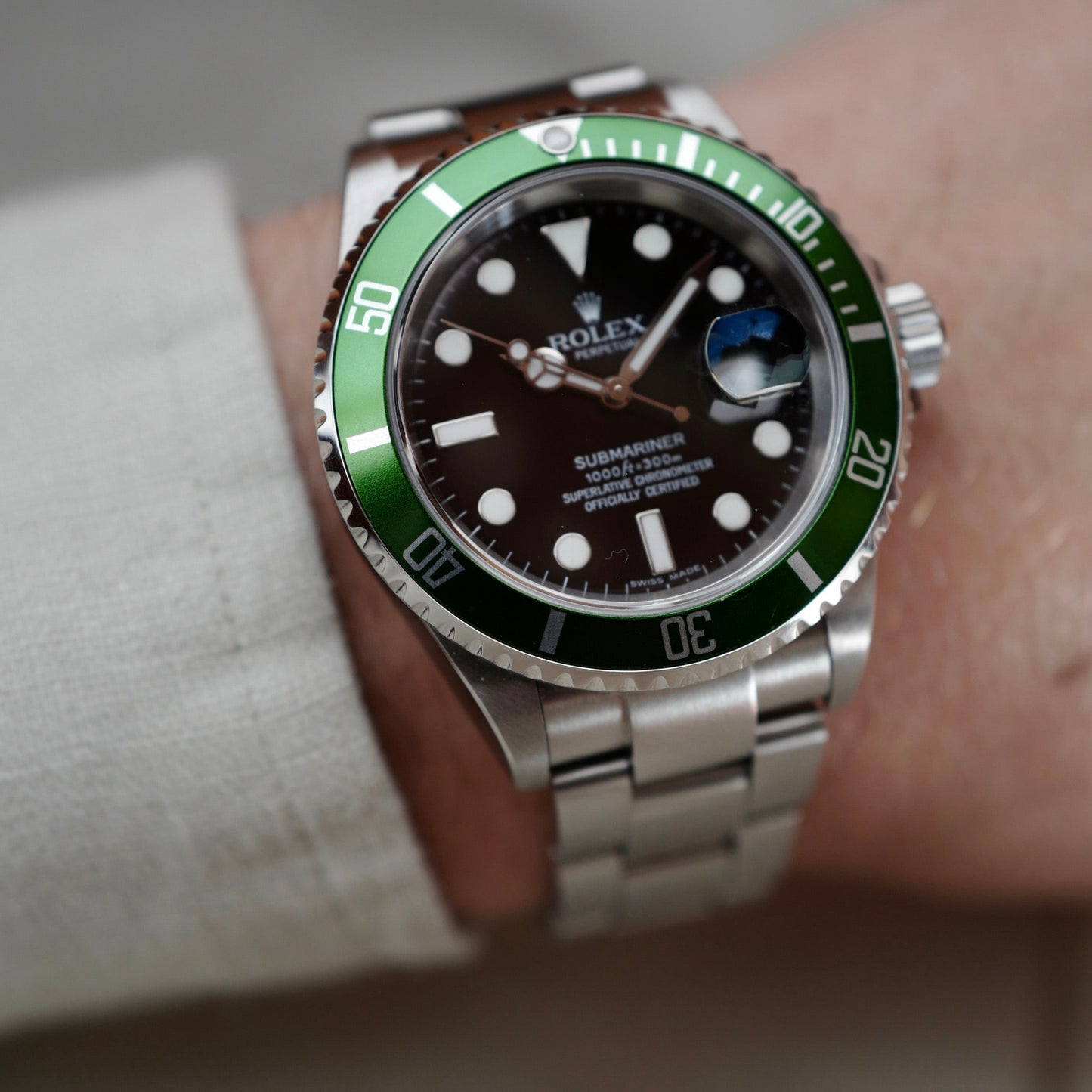 Rolex Submariner Anniversary Kermit Watch Ref. 16610 with Flat Four Bezel (NEW ARRIVAL)