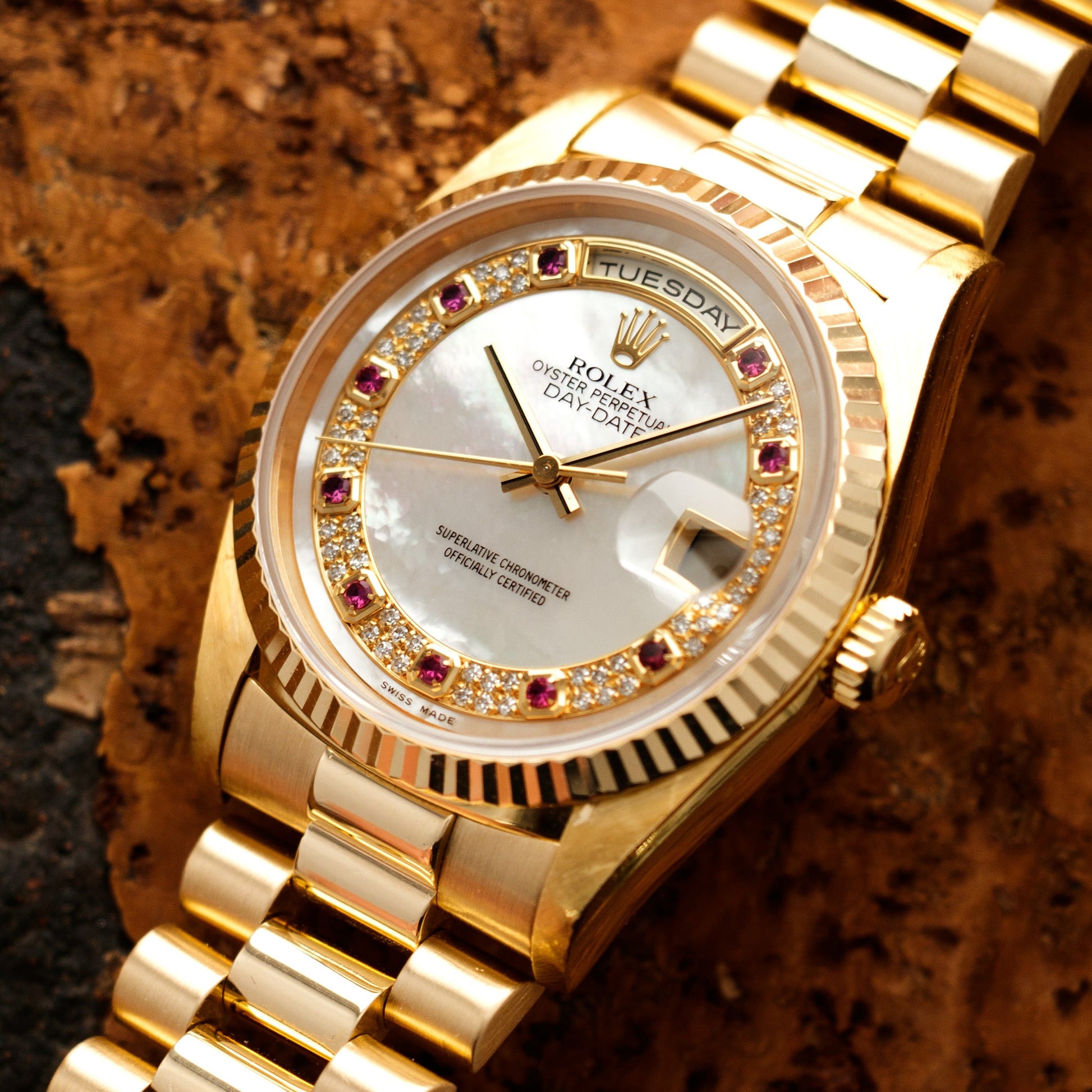 Rolex Yellow Gold Day-Date Watch Ref. 18238 with Mother of Pearl and Ruby Dial