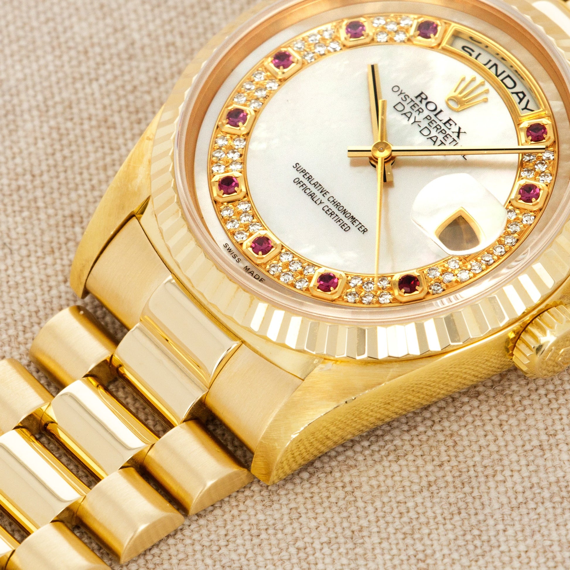 Rolex Yellow Gold Day-Date Watch Ref. 18238 with Mother of Pearl and Ruby Dial