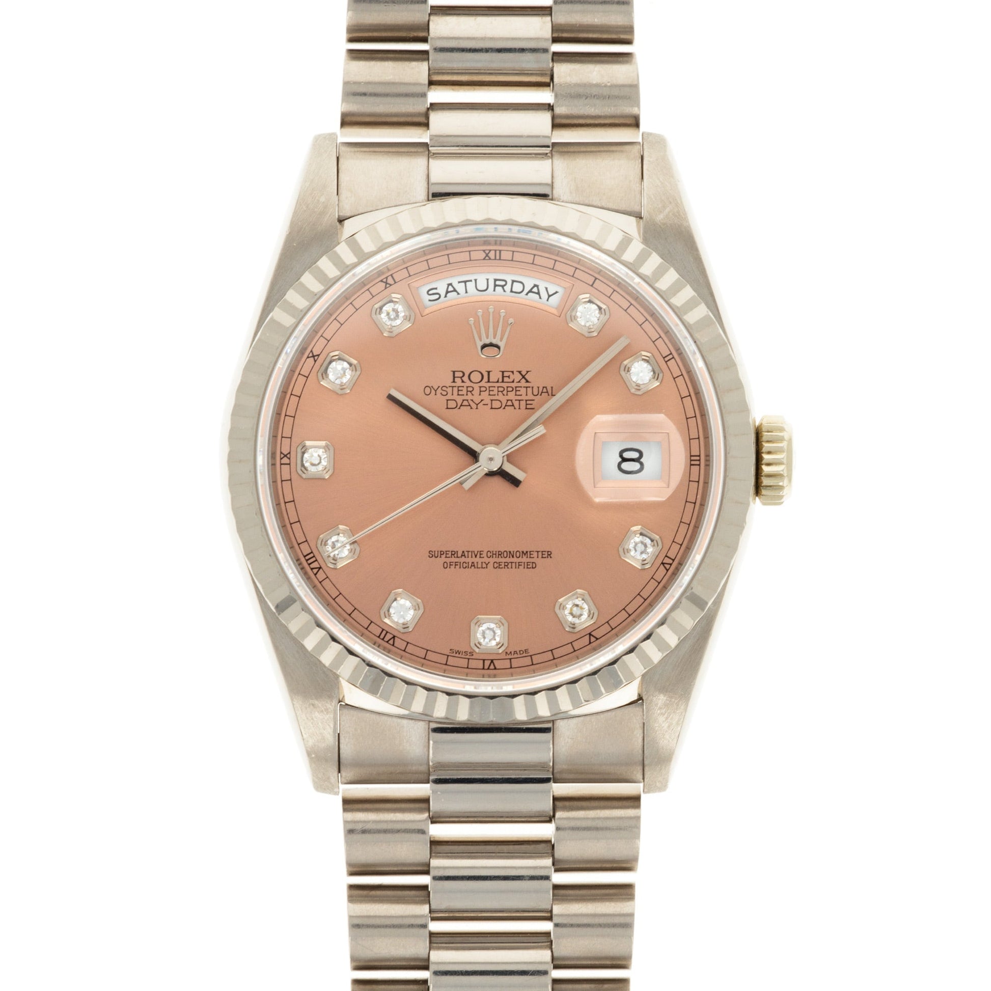 Rolex White Gold Salmon Diamond Day-Date Watch Ref. 18239