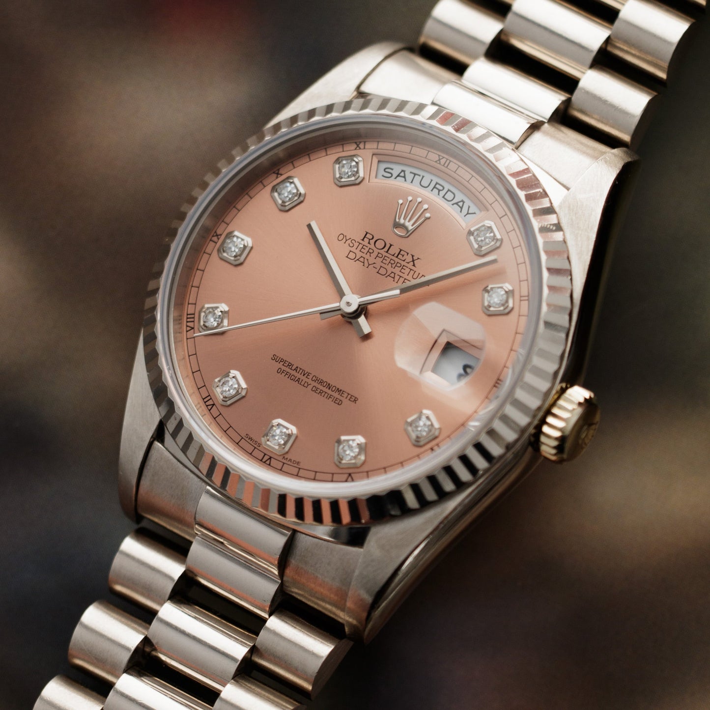 Rolex White Gold Salmon Diamond Day-Date Watch Ref. 18239