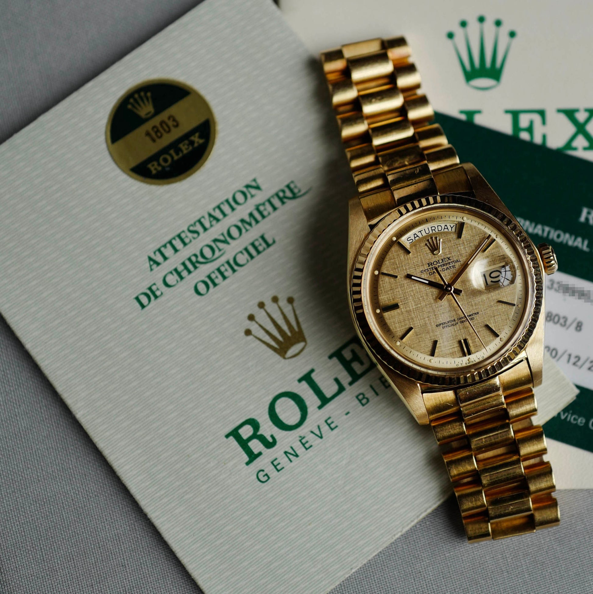 Rolex Yellow Gold Day-Date Ref. 1803 with Linen Dial and Box & Papers (NEW ARRIVAL)