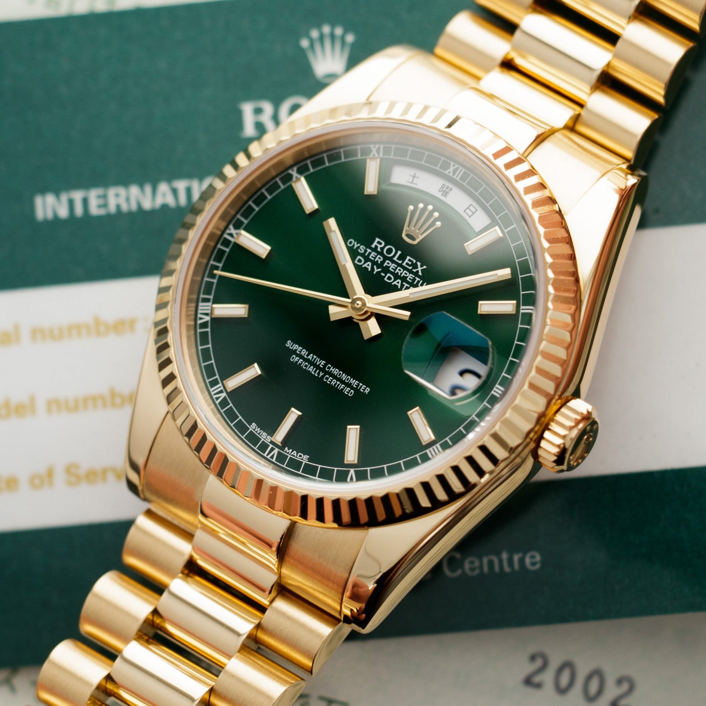 Rolex Yellow Gold Day-Date Green Dial Watch Ref. 118238 with Kanji Date Wheel