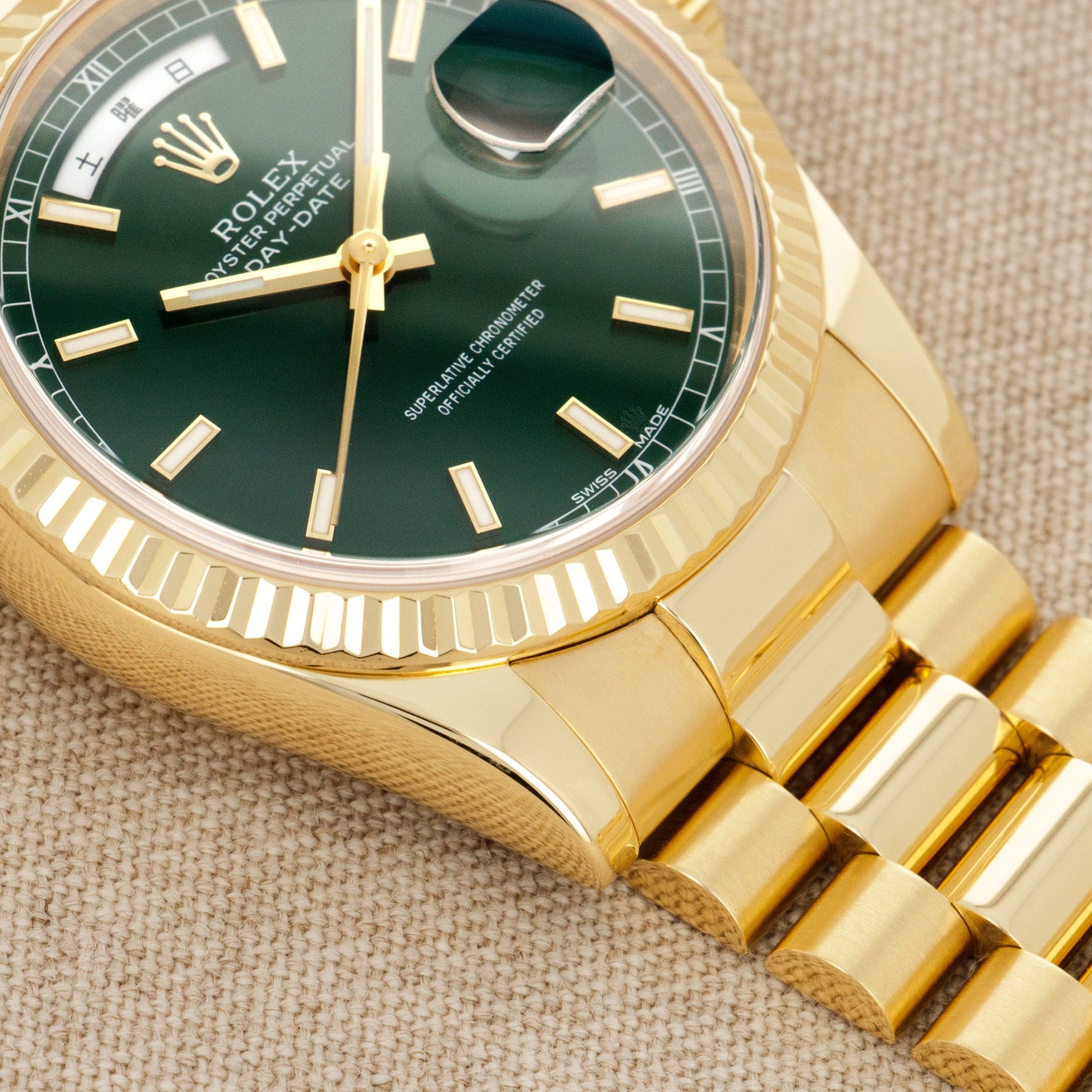 Rolex Yellow Gold Day-Date Green Dial Watch Ref. 118238 with Kanji Date Wheel